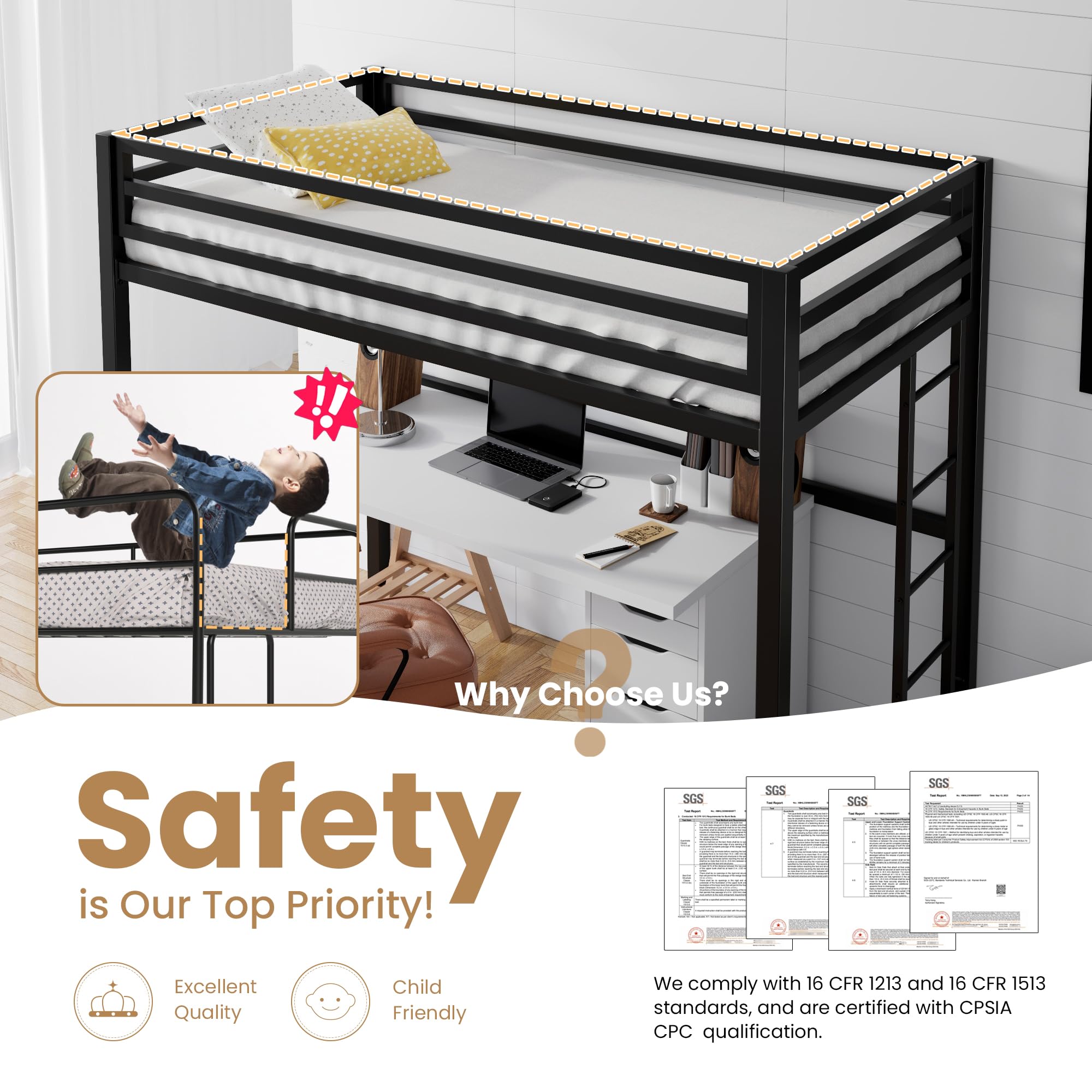 Twin Size Metal Loft Bed with Removable Ladder, Guardrail & Metal Slats