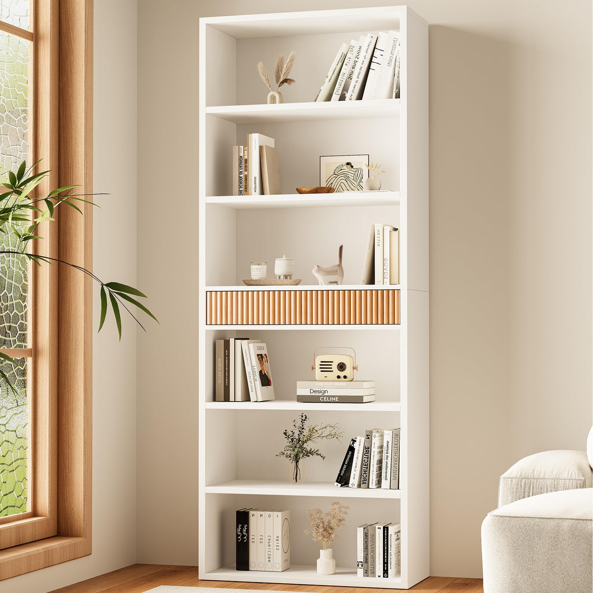 White 7-Tier Bookshelf with Drawer