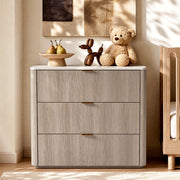 ModernMate 3 Drawer Dresser with Curved Profile & Faux Travertine Texture, 31.5" Large Nightstand Anti-Tip Chest of Drawers for Bedroom, Living Room, Wood Grain Gray