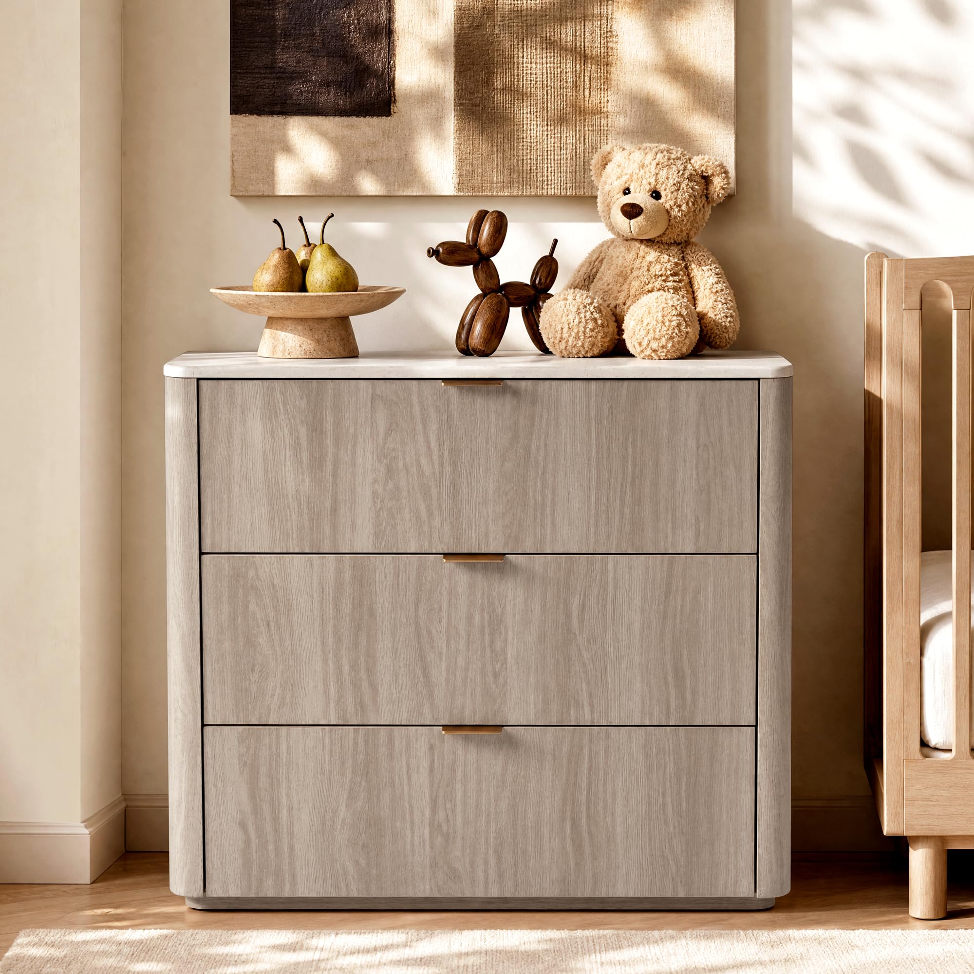 ModernMate 3 Drawer Dresser with Curved Profile & Faux Travertine Texture, 31.5" Large Nightstand Anti-Tip Chest of Drawers for Bedroom, Living Room, Wood Grain Gray