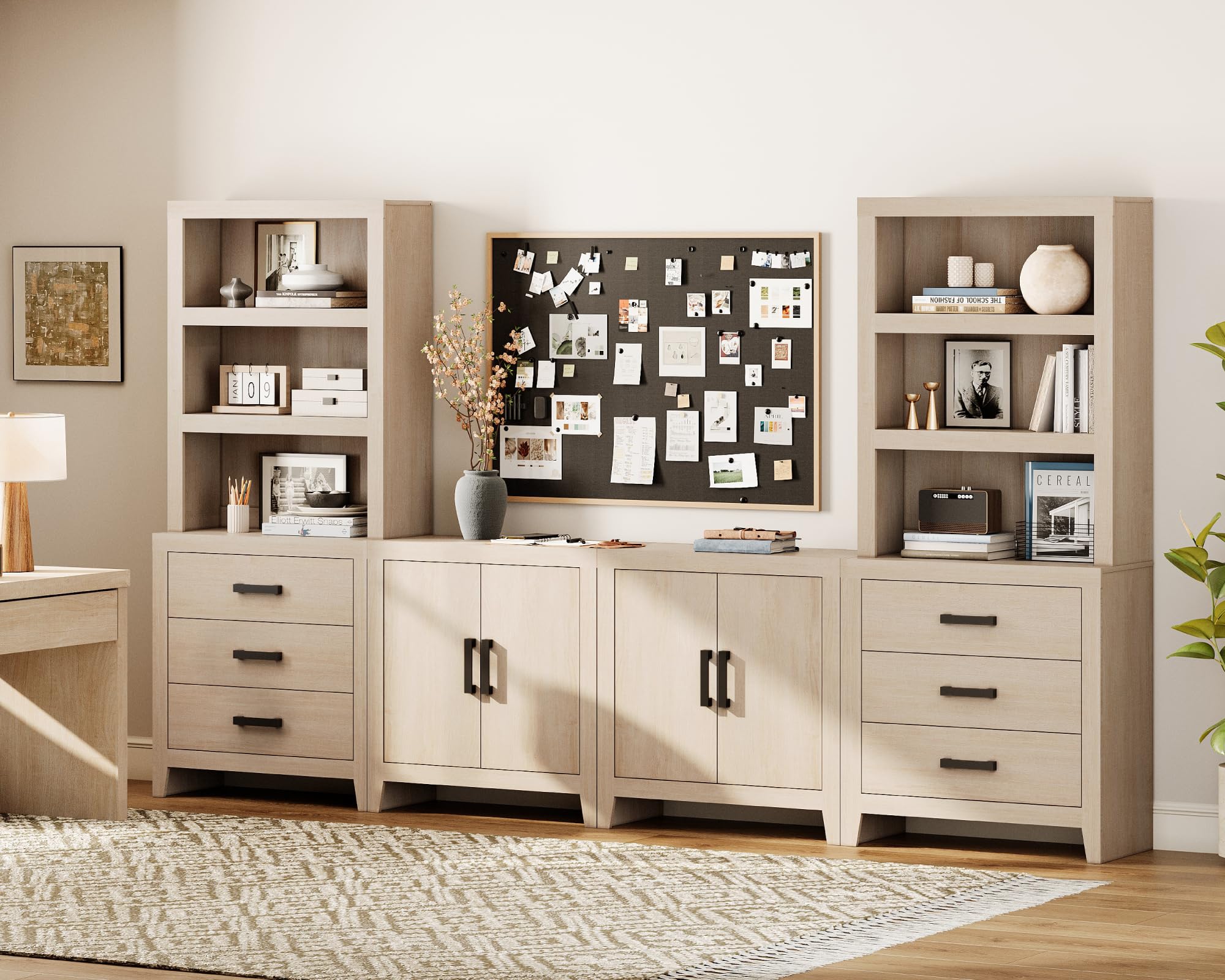 WAMPAT Entertainment Center with Bookshelves, Farmhouse TV Stand for 75 inch TV, Wood Media Console with Adjustable Shelves and Storage Drawers for Living Room, Bedroom, Beige