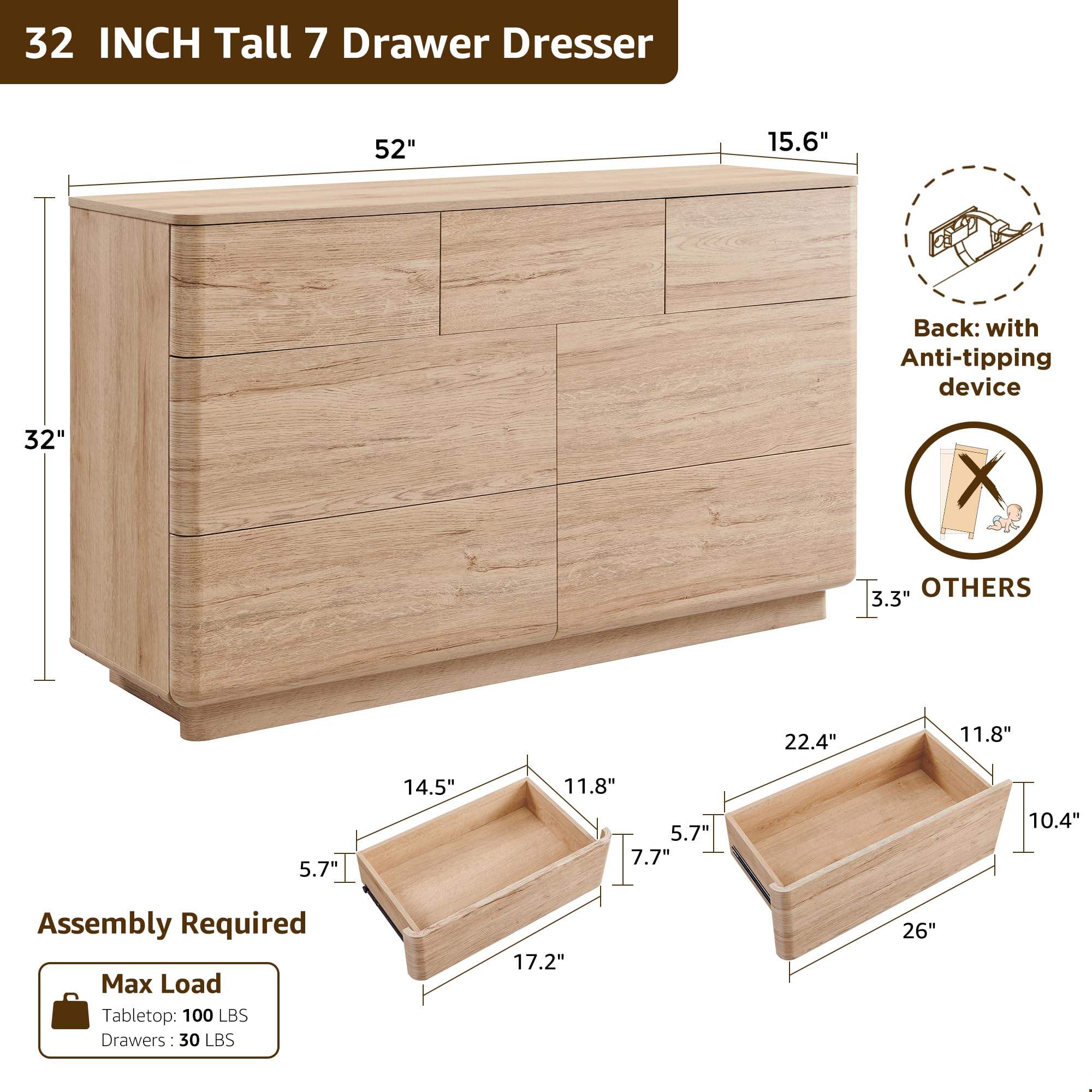 ACCOHOHO Modern 7 Drawer Dresser for Bedroom, 52" Wide Handleless Chest of Drawers, Large Push-to-Open Wood Storage, Dresser TV Stand for Bedroom, Living Room, Hallway, Curved Profile, Natural Oak