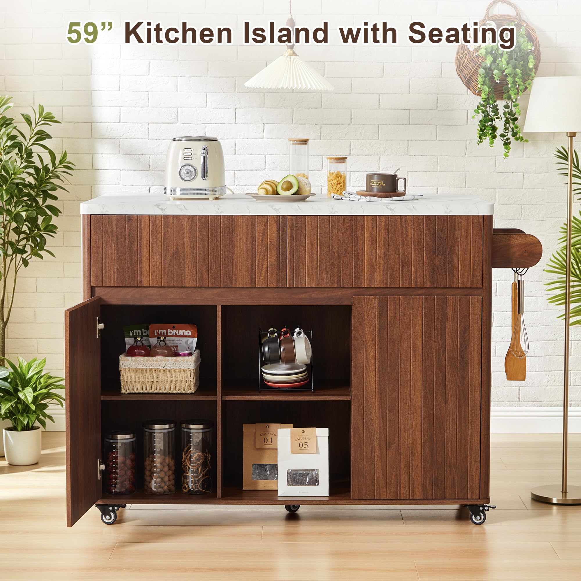 weselon 47" Mobile Kitchen Island with Storage & Drop Leaf, Rolling Kitchen Cart on Wheels with 2 Drawers, Adjustable Shelves, Towel Rack & Hooks, Faux Marble Top Island Table for Kitchen (Walnut)