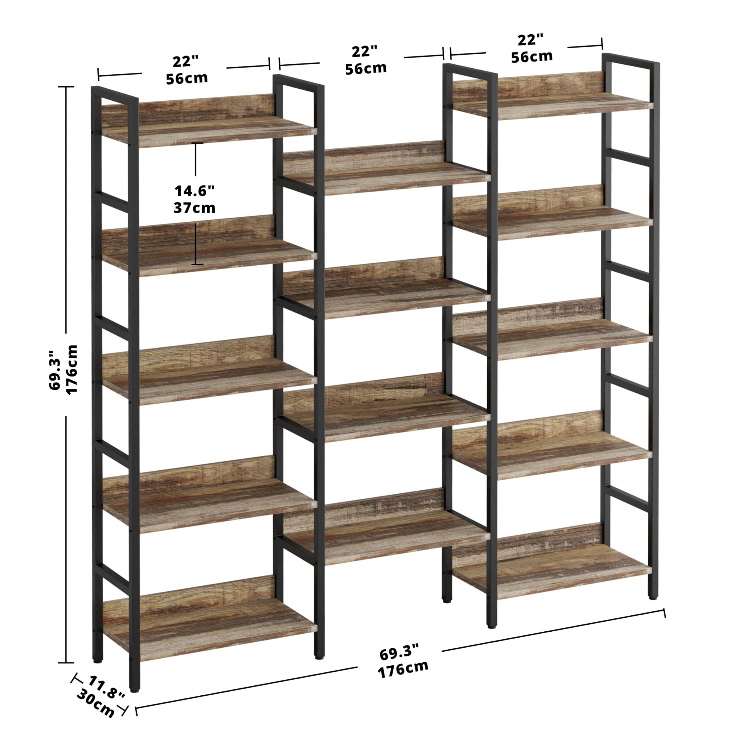 IRONCK Book Shelf, Bookshelves and Bookcases, 5 Tiers Bookshelf with Baffles, Large Bookshelf with Metal Shelving, Triple Wide Shelves for Living Room, Home Office