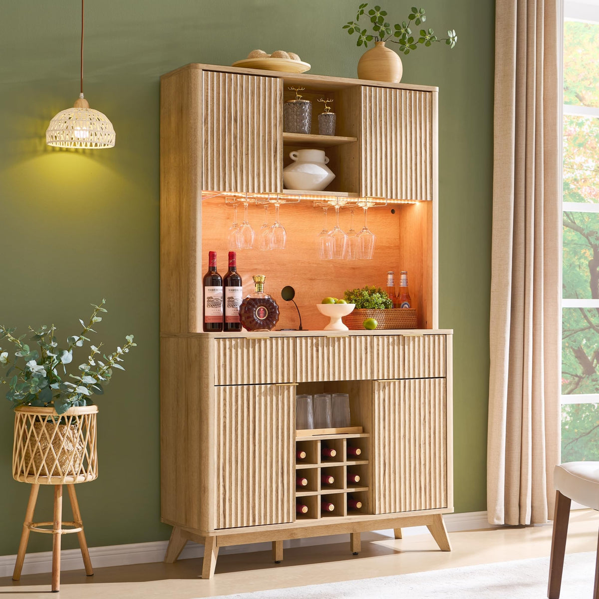 Fluted Bar Cabinet with LED Lights