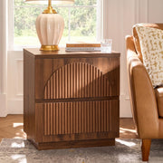 Yechen Fluted Nightstand with Charging Station, 2 Drawers, Walnut