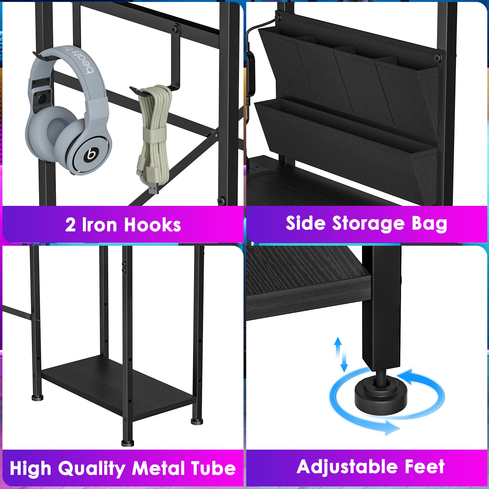 33.7 Inch Small Gaming Desk Table with LED Lights & Power Outlets, Compact L Shaped Gaming Computer Desk with CPU Stand, Drawer & Storage, Corner PC Desk for Kids, Home Office , Bedroom, Black