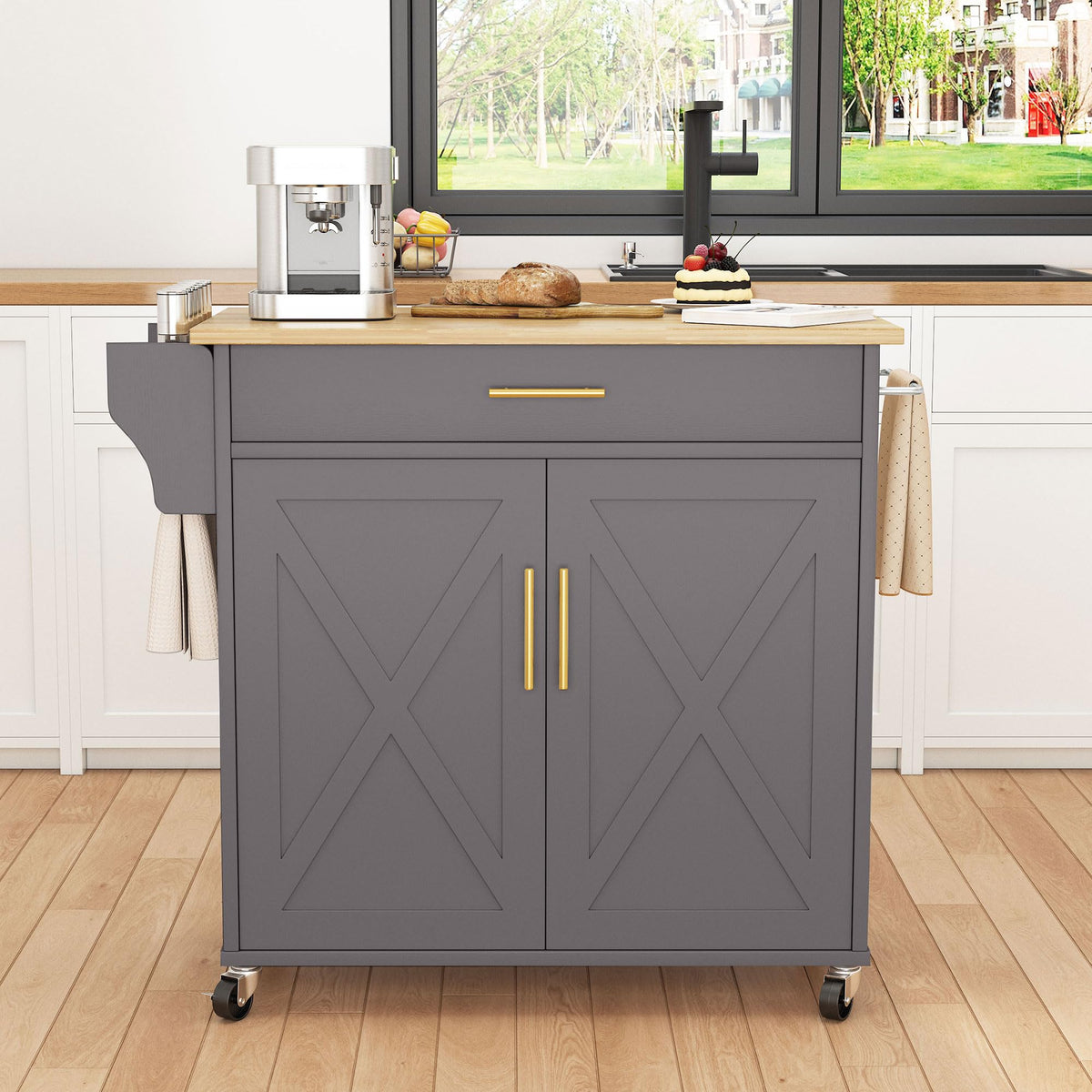 Pingliang Rolling Kitchen Island with Storage, 34.7'' Solid Wood Top, Grey