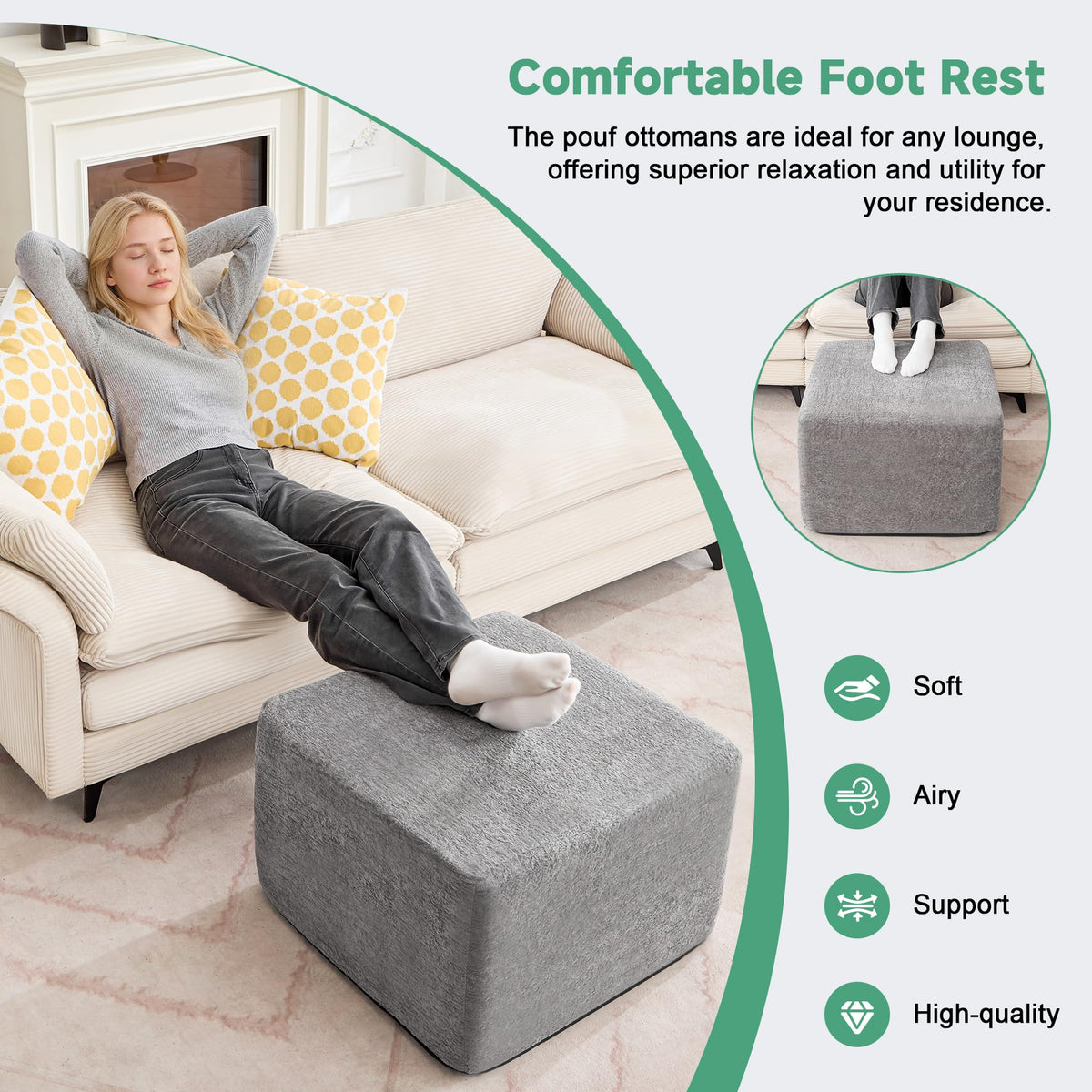 PoteSoar 23.6'' Square Pouf Boneless Ottoman Foot Rest with High-Rebound Solid One-Piece Foam and Removable Washable Cover for Living Room, Gaming, Movie Watching - Grey