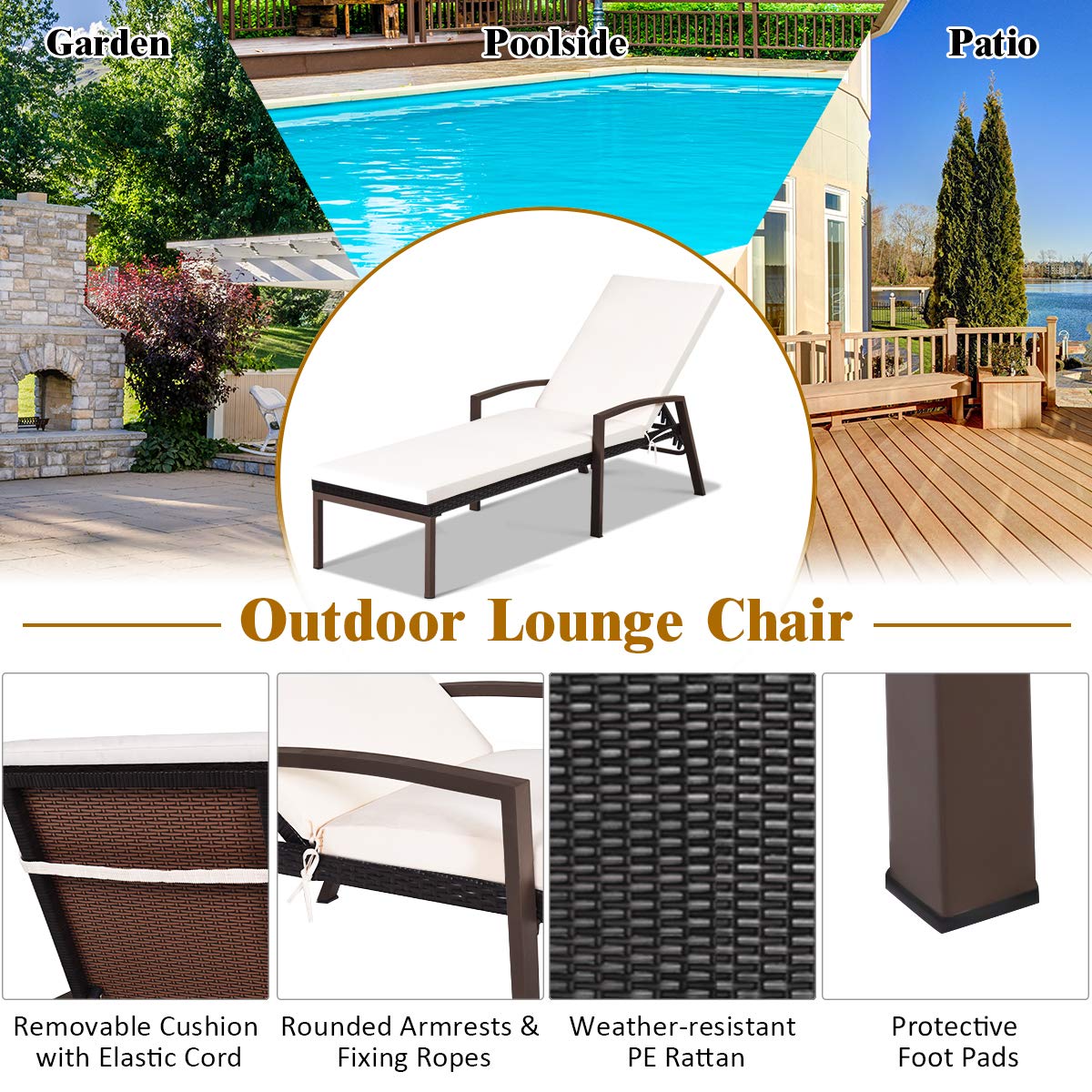 COSTWAY Rattan Lounge Chair Outdoor, Patio Wicker Chaise Lounge (White)