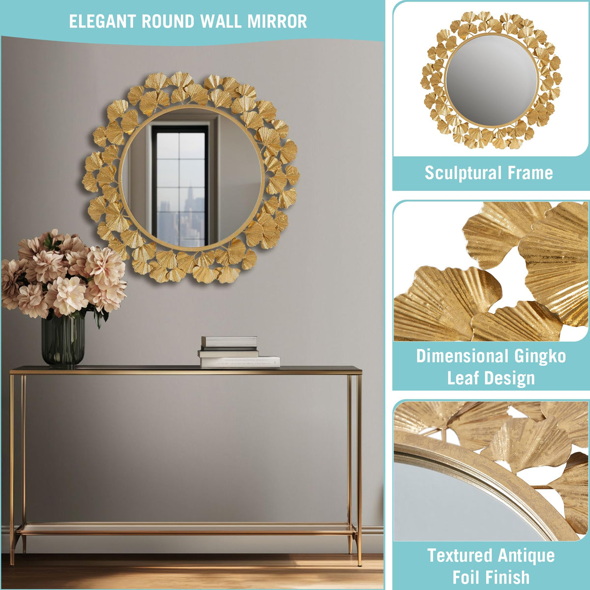 Gold Ginkgo Leaf Round Wall Mirror
