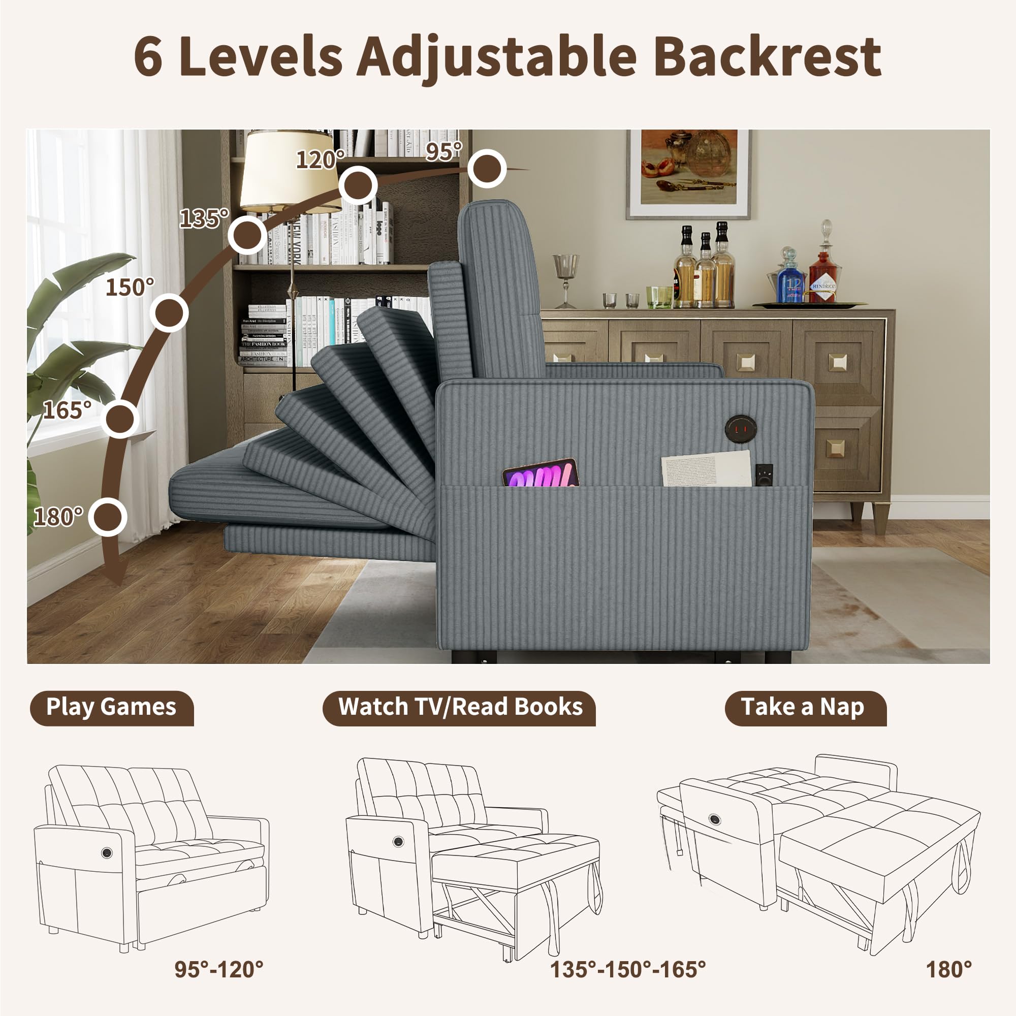 Convertible Sleeper Loveseat Sofa with Adjustable Backrest