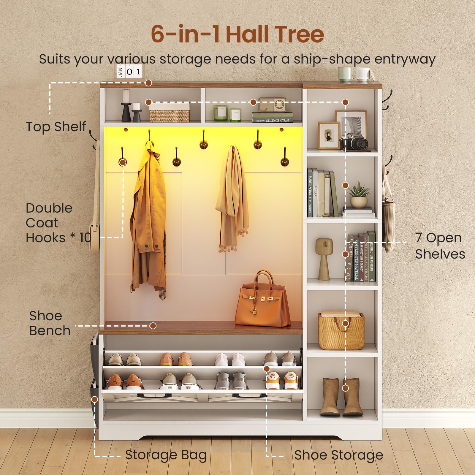 6-in-1 Farmhouse Hall Tree with Bench, Flip Shoe Cabinet, 10 Hooks & LED Lights