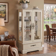 47" Lighted Glass Accent Curio Cabinet, 3-Tier Antique Storage Cage with Adjustable Shelves & Drawer, Acrylic Mirrored Pane, Light Bulb Included, Small China Cabinet for Living Room (Antiqe White)