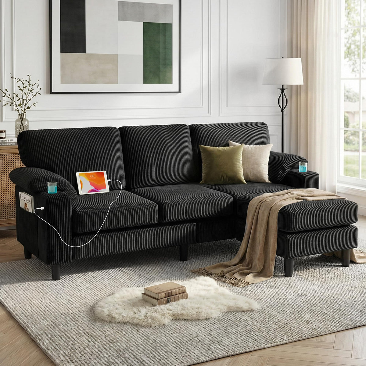 Corduroy Sectional Sofa with Storage Ottoman