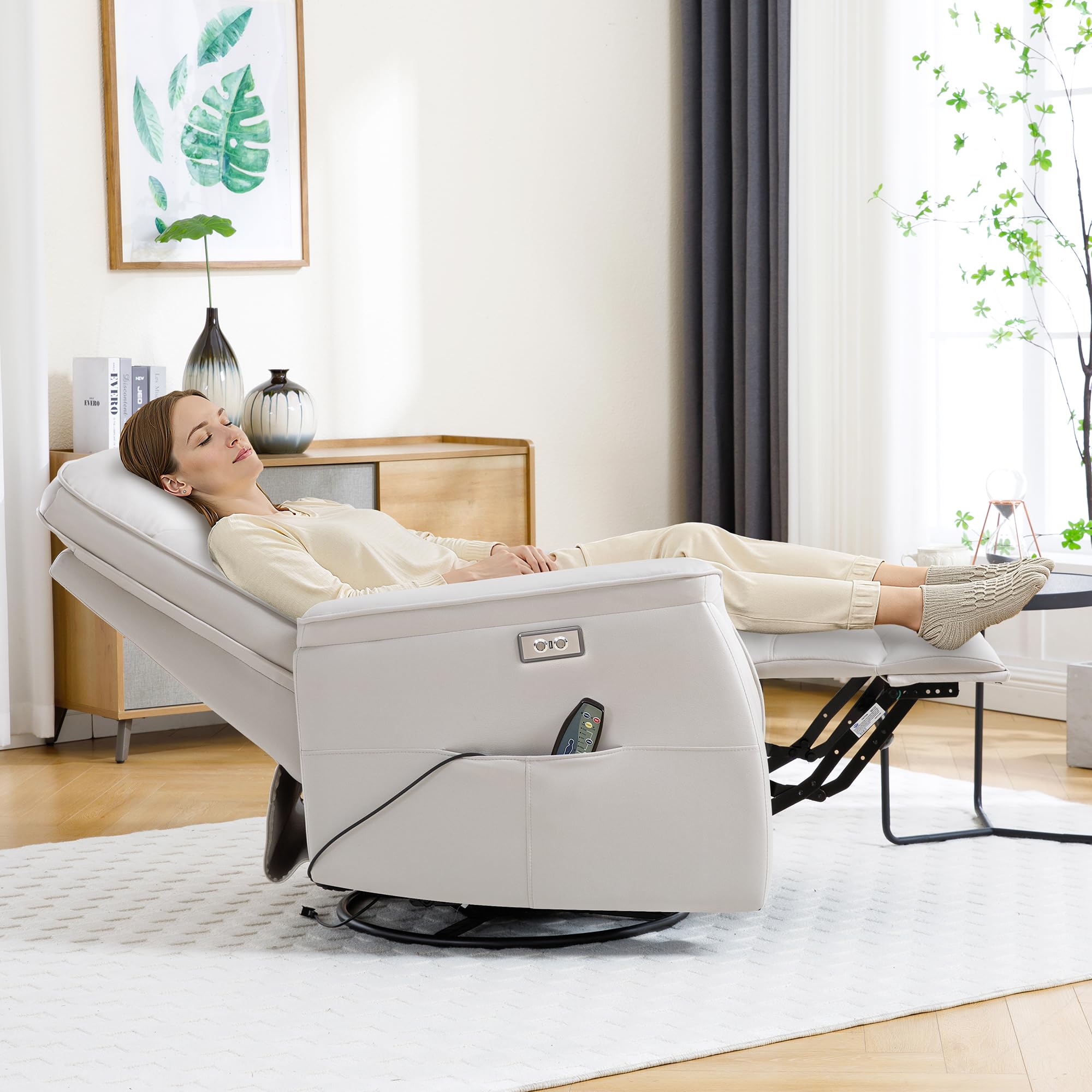 choairy Recliner Chair for Adults, Power Faux Leather Rocker Recliner Massage and Heat, Oversized Swivel Reclining Nursery Chair with USB Ports for Living Room, Office Beige