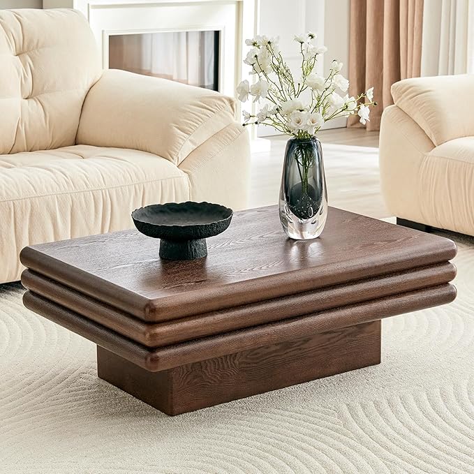 Fluted Drum Coffee Table with Wood Veneer Top