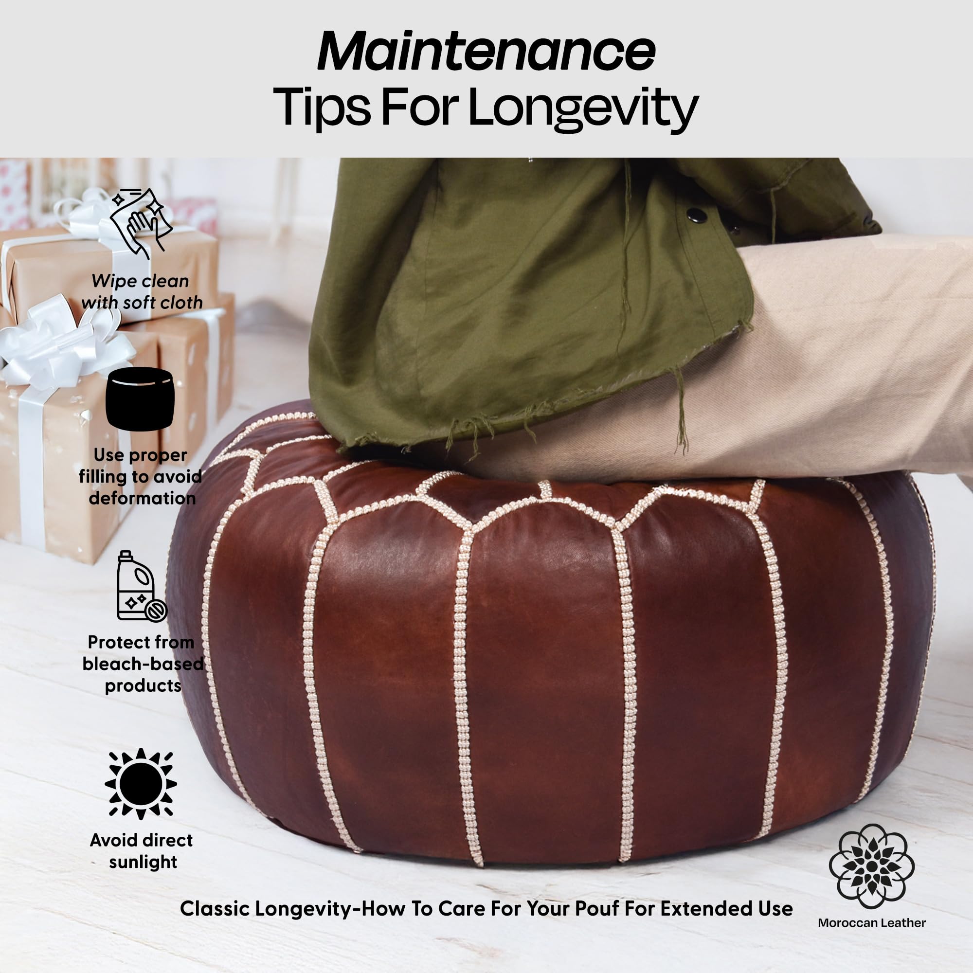 Moroccan Leather Handmade Pouf Ottoman Cover, Unstuffed Foot Stool, Round Boho Footrest for Living Room, Bedroom, Home Decor Gift (Dark Brown)