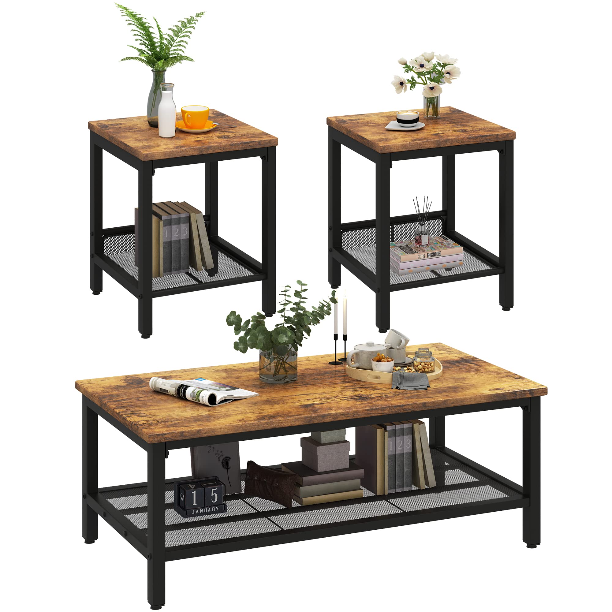 Lamerge 3 Pieces Living Room Table Set, Industrial Coffee Table with 2 Square End Side Tables, Coffee Table Set with Metal Frame for Apartment Home Office, Rustic Brown