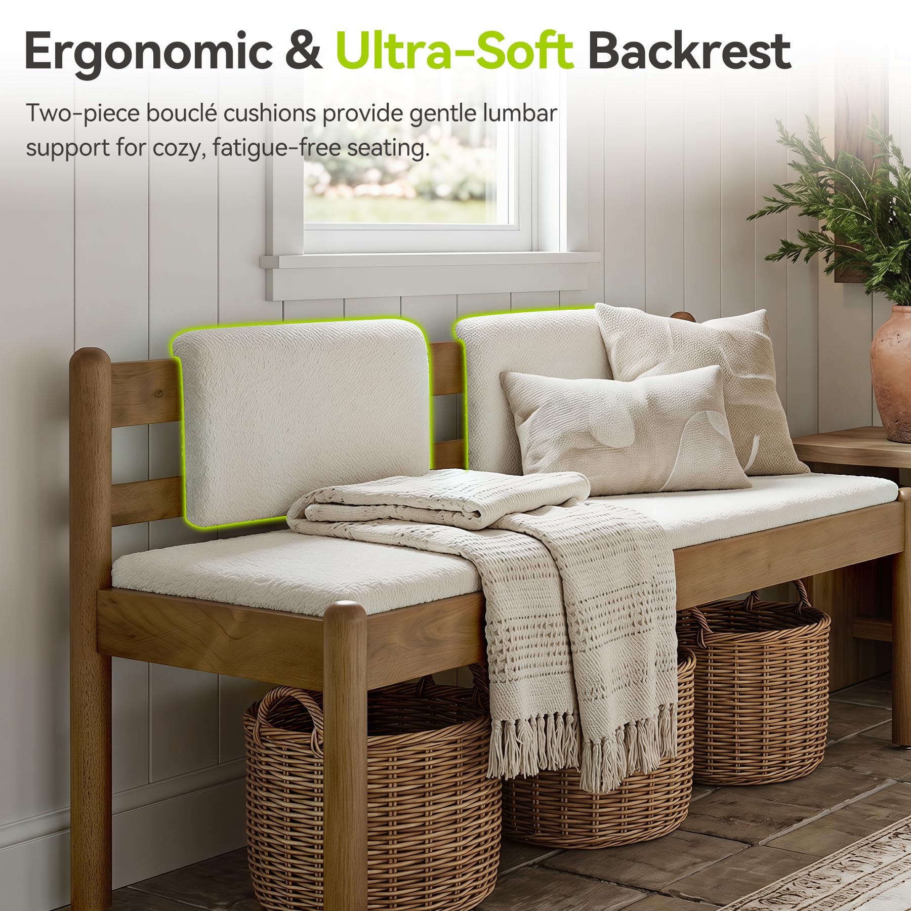 LITTLE TREE Solid Wood Entryway Bench, 49" Dining Bench with Back, Wood Settee Bench with Upholstered Seat, Farmhouse Bedroom Bench for End of Bed, Dining Room, Mudroom, Entryway, White + Walnut Brown