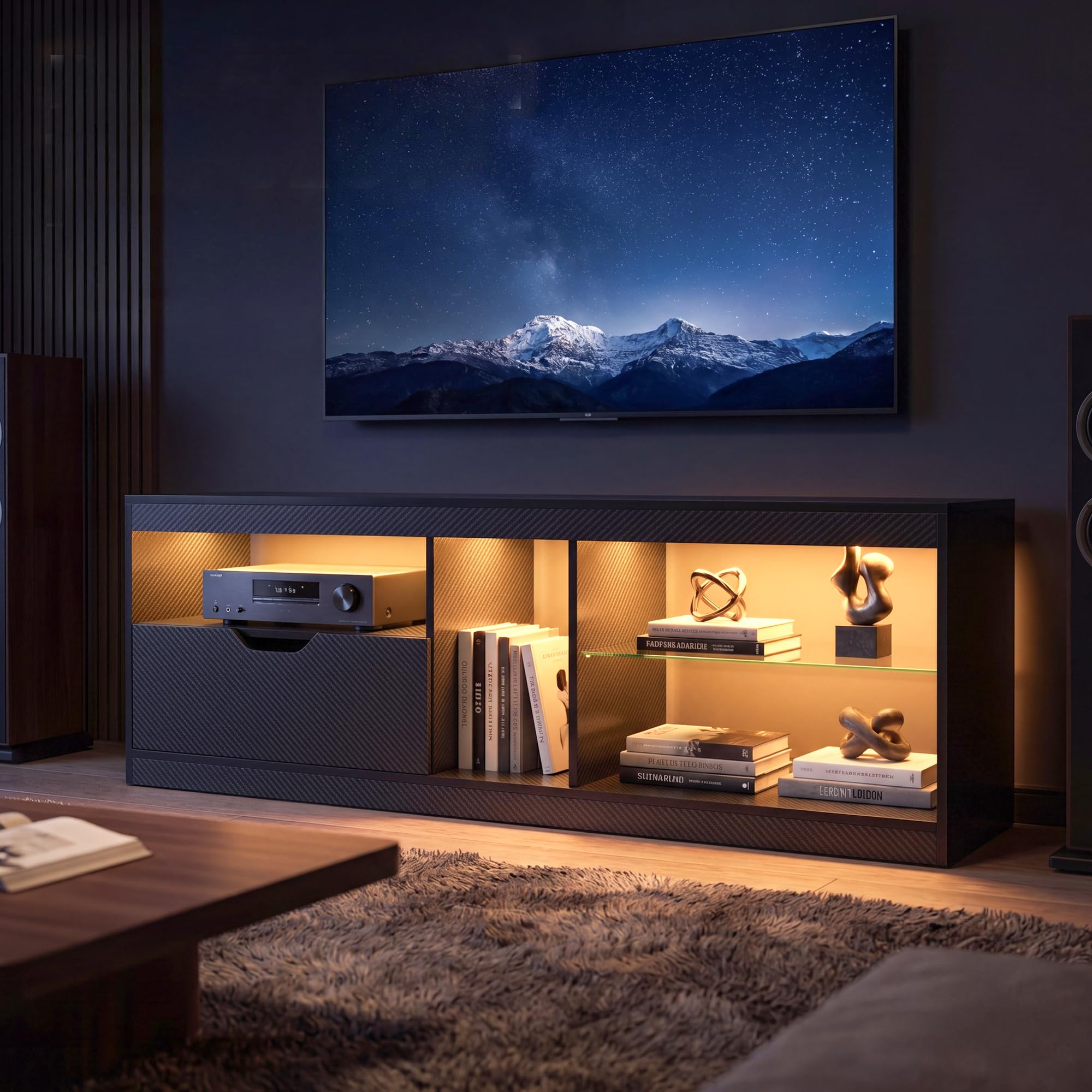 Homall LED TV Stand Mount for 65 inch, Modern Entertainment Center with LED Lights & High Glossy Cabinets, TV Cabinet Console Table with Drawer, Glass Shelves, Dynamic RGB Modes for Living Room, Black