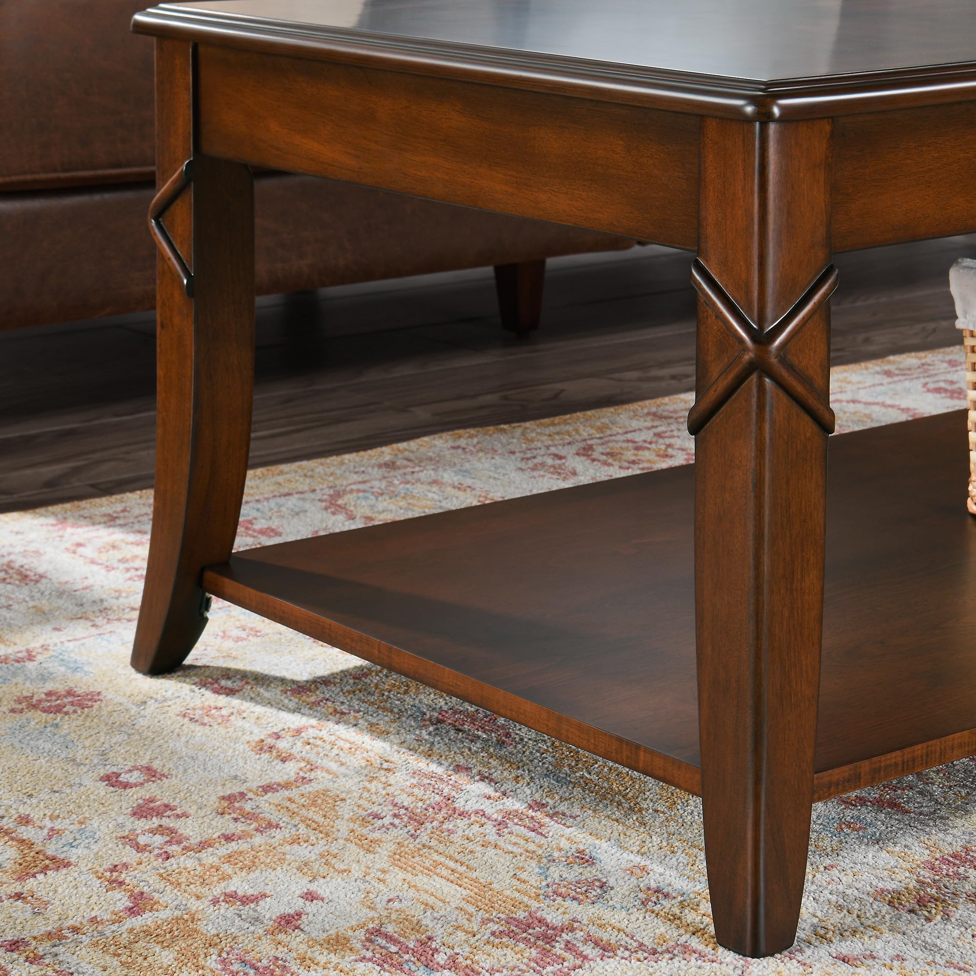 Living Room Tables Set of 3- One Coffee Table and Two End Table with Carved Tabletop and Leg, Mid-Century Sofa Beside Table and Center Table with Carved Legs, Easy Assembly, Cherry Brown KFZ-CJZ-DR200