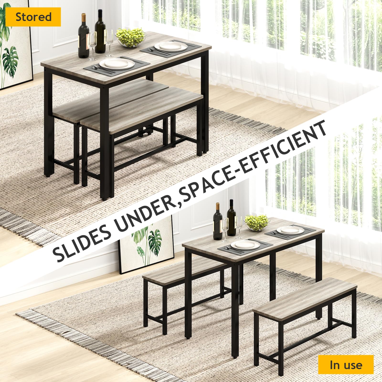 Dining Table Set for 4 with 2 Benches