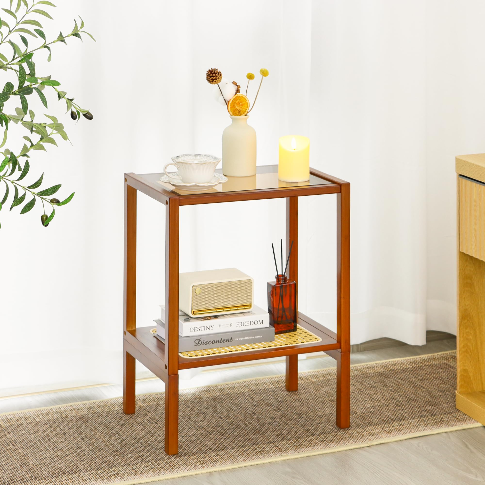 Mordchil HF 2-Tier Bamboo Side Table, Modern Glasstop Rattan Side Table, Mid Century Wood Sofa-Side End Tables for Living Room, Bedroom Night Stand with Storage, Small Narrow Coffee Tables, Walnut