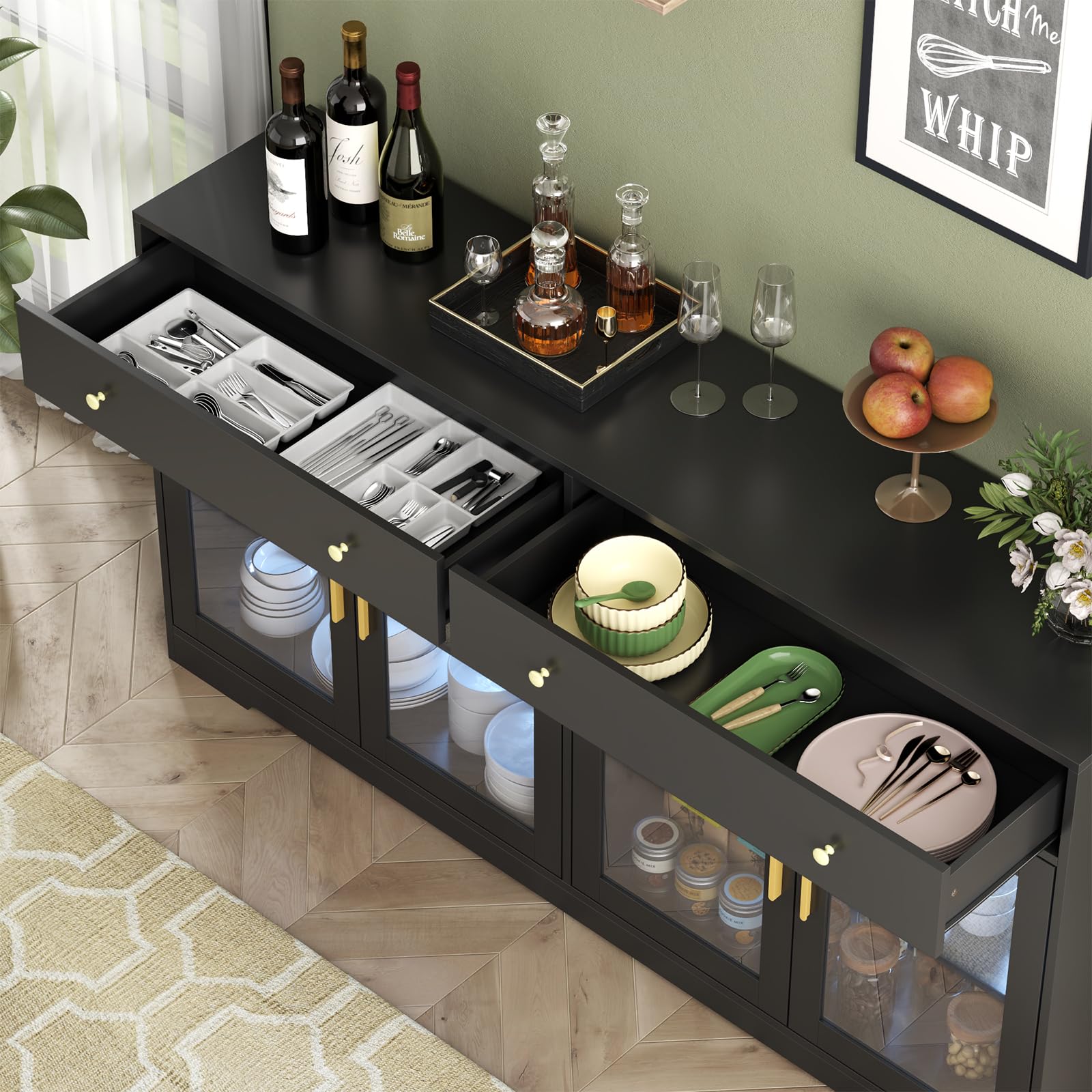 Sideboard Buffet Cabinet with LED Lights – Black