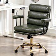 WiNVO Faux Leather Home Office Desk Chair, Ergonomic Executive Computer Chair with Gold Base, Padded Seat and Armrests, Adjustable Height Swivel Vanity Chair with Wheels, Green
