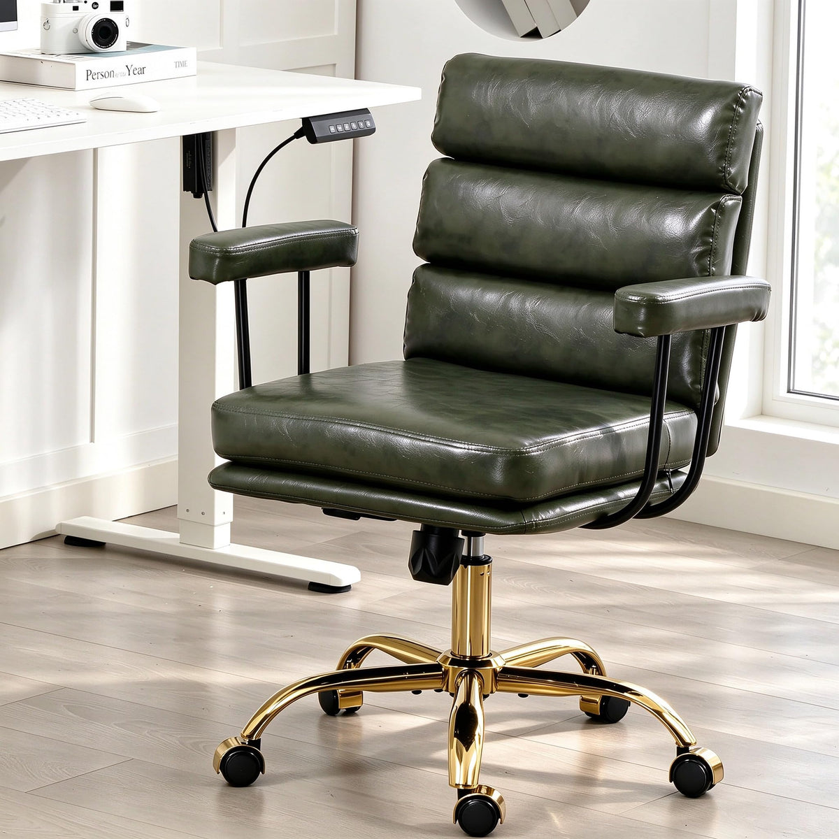 WiNVO Faux Leather Home Office Desk Chair, Ergonomic Executive Computer Chair with Gold Base, Padded Seat and Armrests, Adjustable Height Swivel Vanity Chair with Wheels, Green