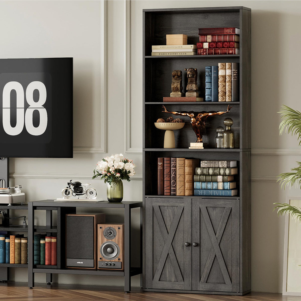 IRONCK Tall Bookshelf 70 in, Bookcases with Doors, Set of 2, Charcoal Grey