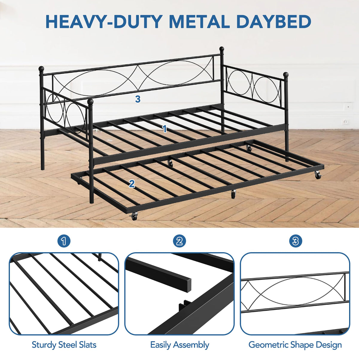 IDEALHOUSE Metal Twin daybed with Trundle with Steel Slat Support
