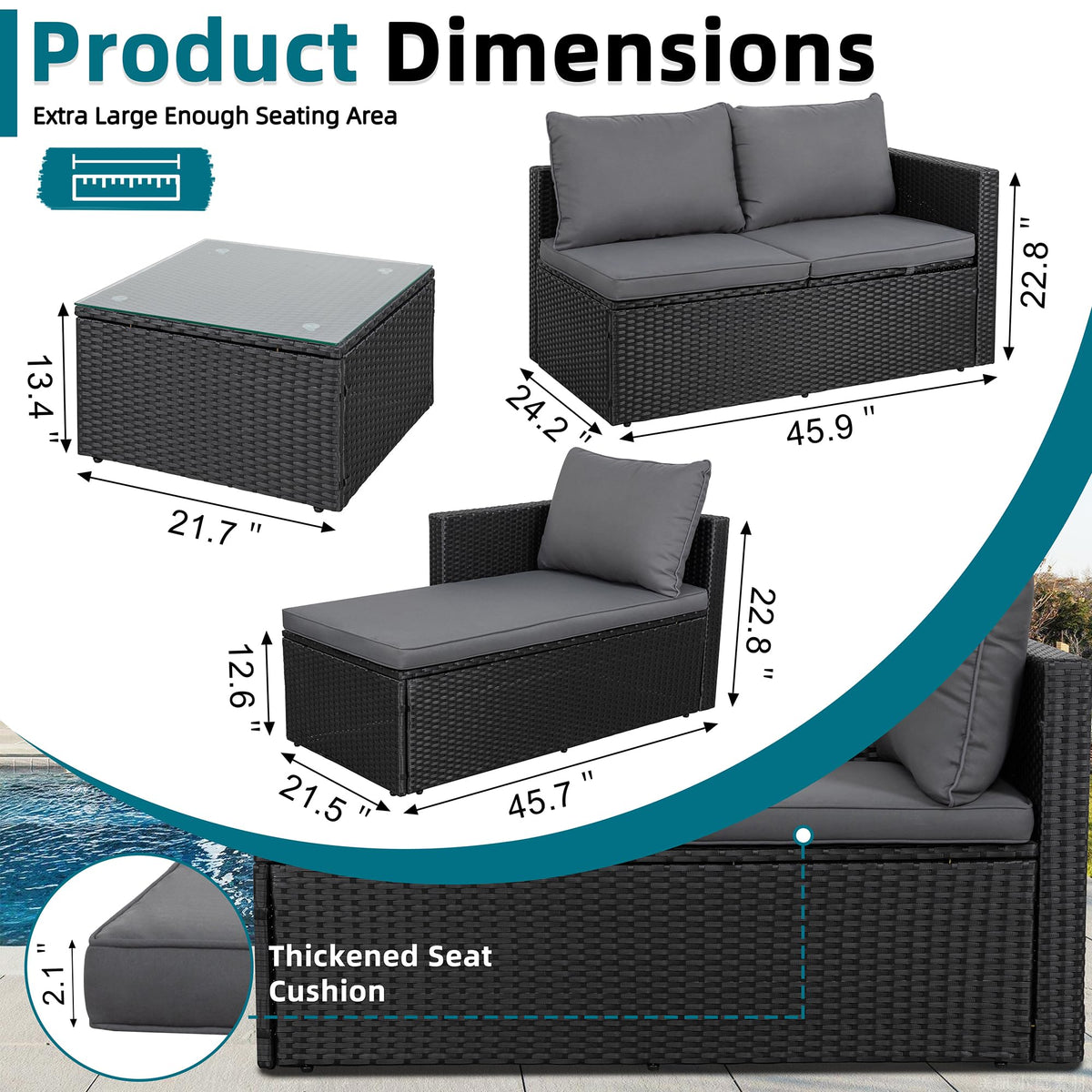 SUNLEI Patio Furniture Set with Detachable Soft Cushions, Outdoor PE Rattan Patio Conversation Sofa Set, 3-Piece Patio Sectional Sofa with Glass Coffee Table (Black Rattan&Charcoal)