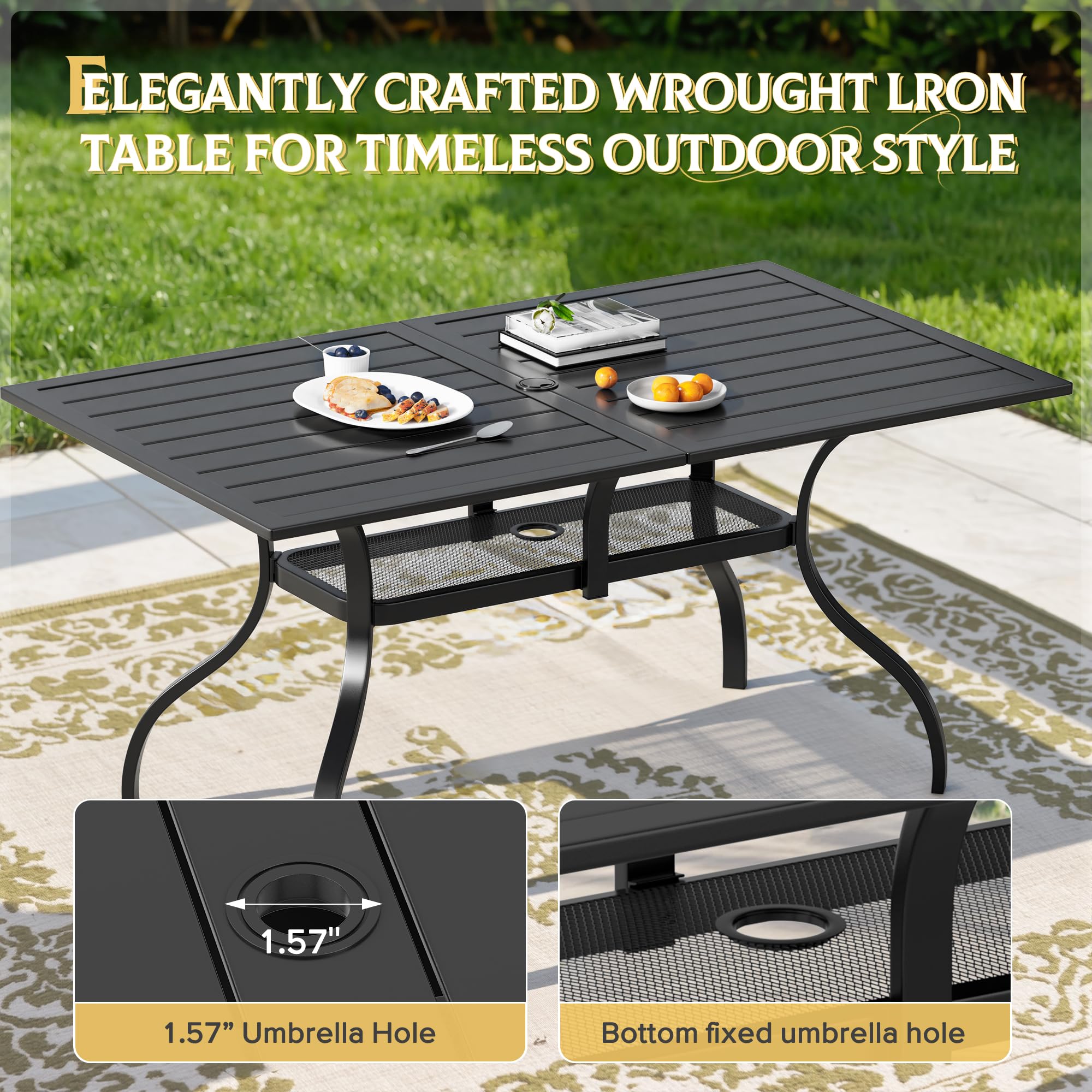SUNCROWN 60"x37" Black Patio Outdoor Dining Table Metal Steel Slat Rectangular Bistro Table for Porch Deck Garden Backyard Poolside, 1.57" Umbrella Hole