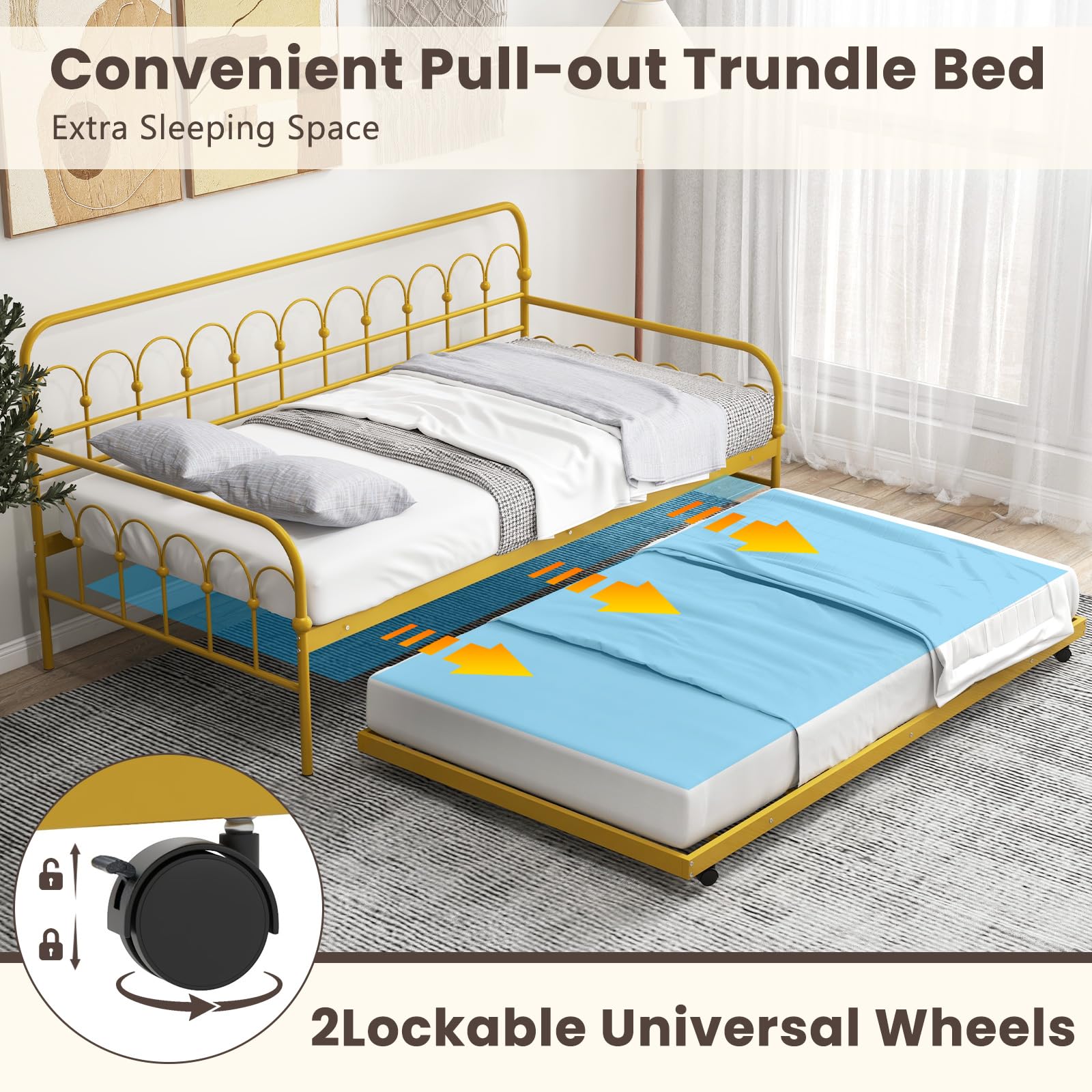 Giantex Twin Daybed with Trundle Gold, Metal Day Bed with Convenient Pull-Out Trundle Bed, Metal Slats, Lockable Universal Wheels, 2-in-1 Daybed Bed Frame for Guest Room, Living Room, Bedroom