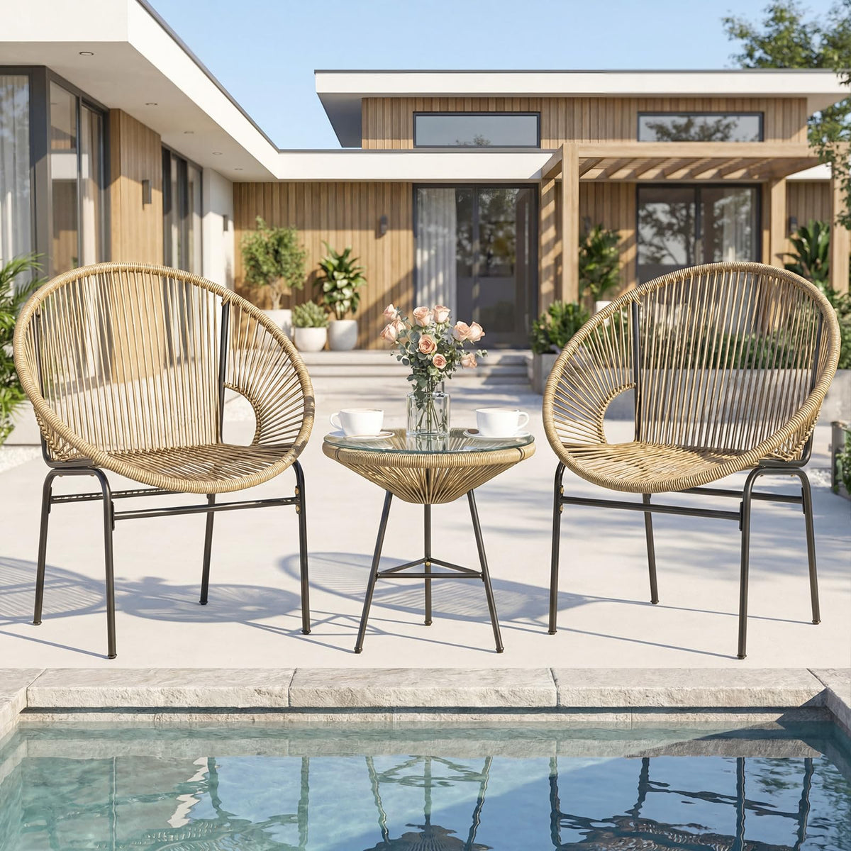 COSTWAY 3-Piece Outdoor Acapulco Chair Set, Wicker Bistro Sets (Brown)