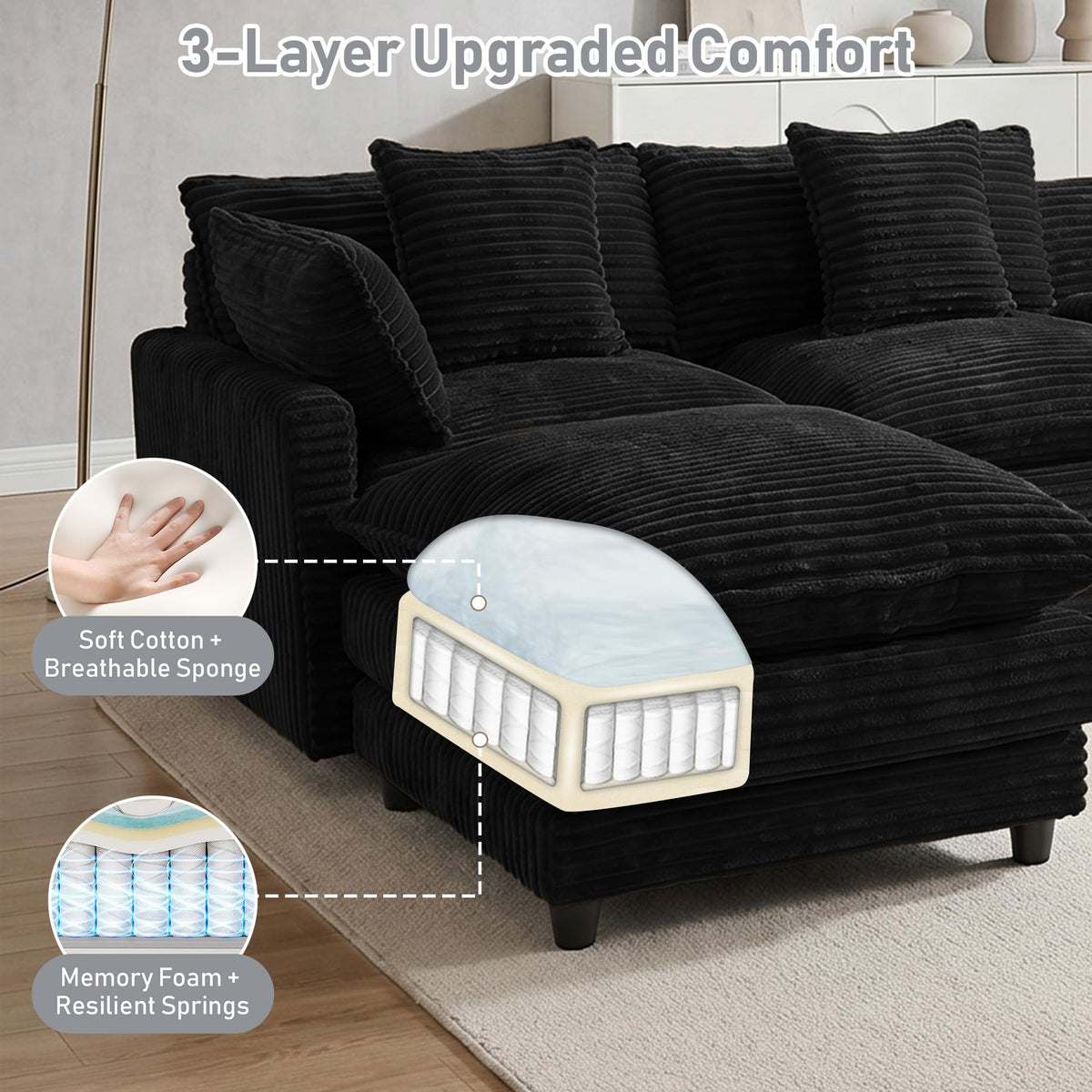 ONEMMLION 143" Oversized U-Shaped Cloud Sectional Sofa, Black
