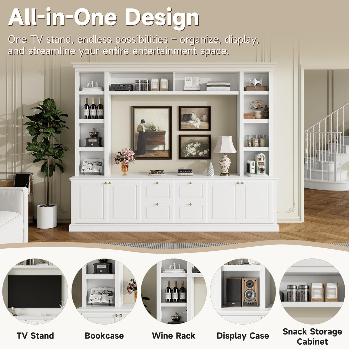 Marzzi 95" Wall Unit Entertainment Center for 65" TVs Large Media Console