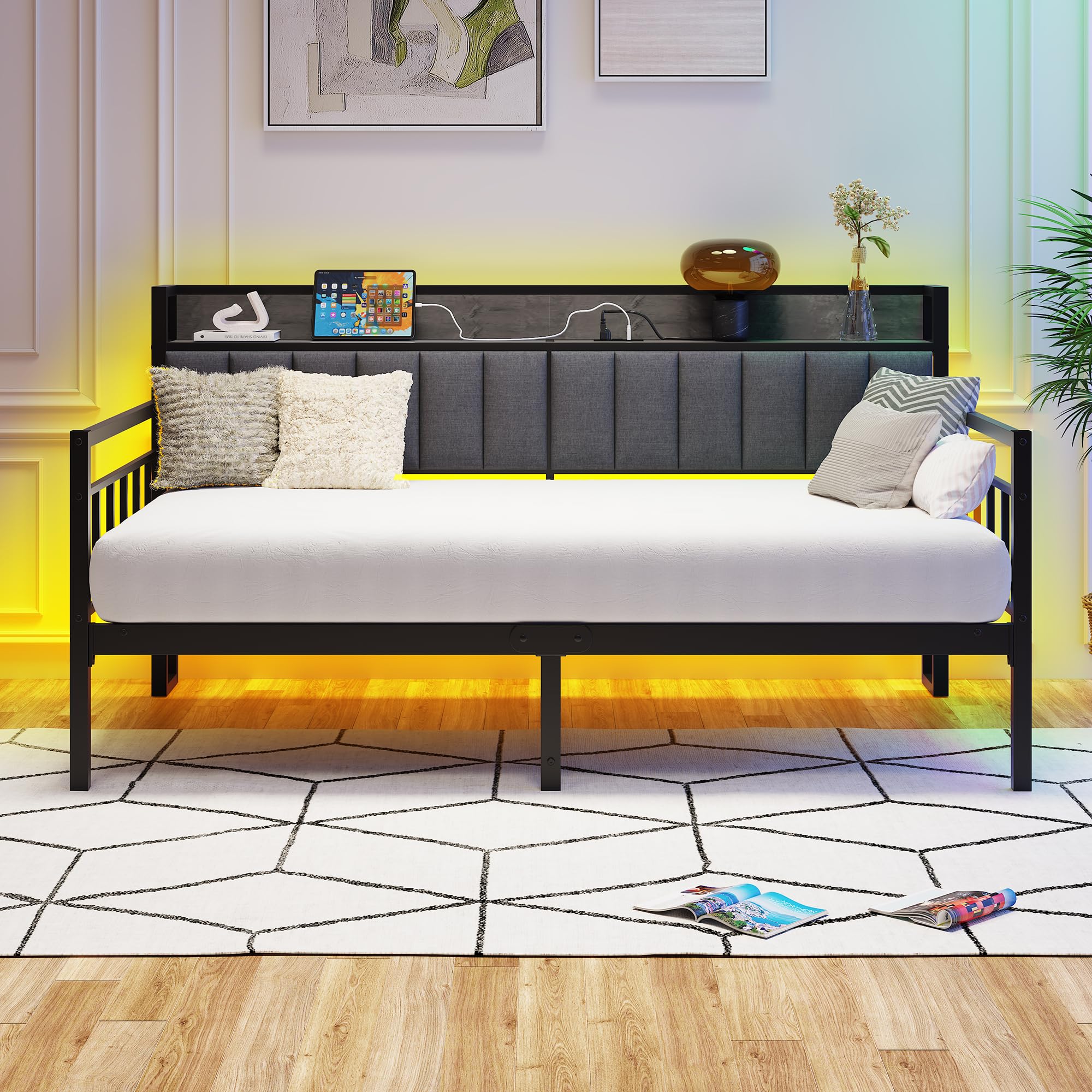 BOFENG Metal Daybed Frame Twin Size with Charging Station,LED Light,Metal Twin Bed Frame with Upholstered Headboard with Strong Steel Slats for Living Room,Bedroom and Guest Room