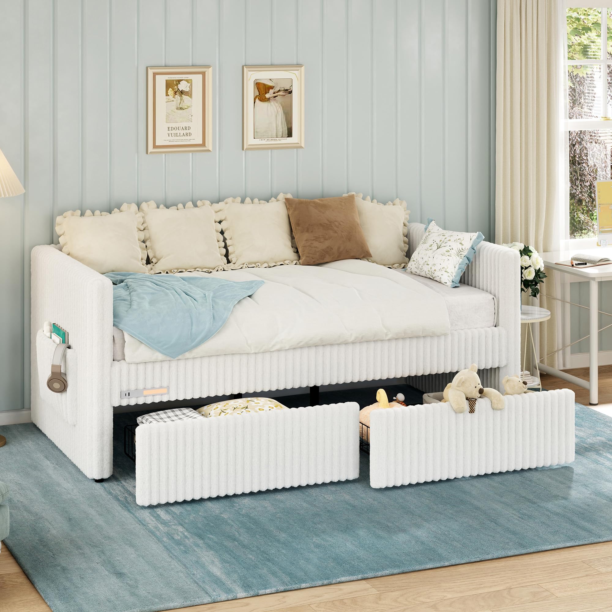Twin Corduroy Daybed with Storage & Charging