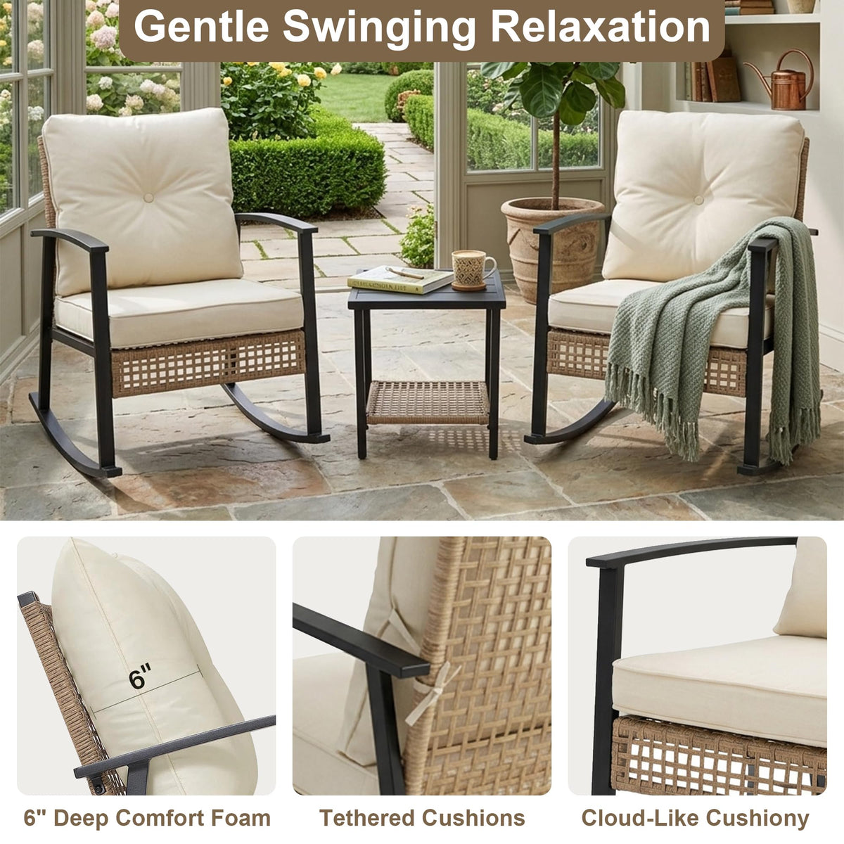 Yardgrace 3 Pieces Patio Furniture Set, Bistro Table and Chairs Set of 2, Outdoor Furniture Set with Thick Cushions and 2-Tier Coffee Table, Rocking Chair Outdoor for Backyard, Garden,Balcony, Beige