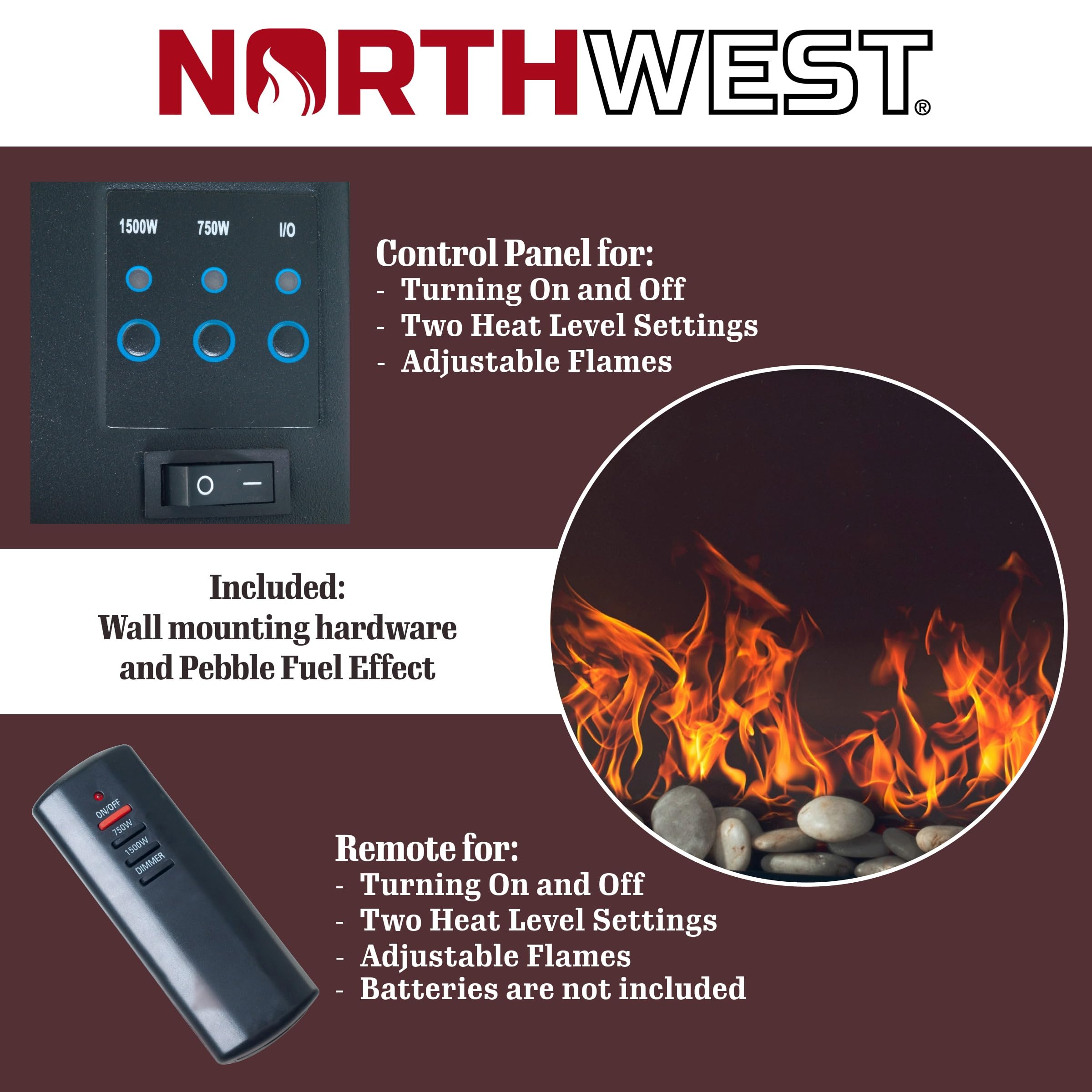 Wall-Mounted Electric Fireplace with Remote, 26-Inch