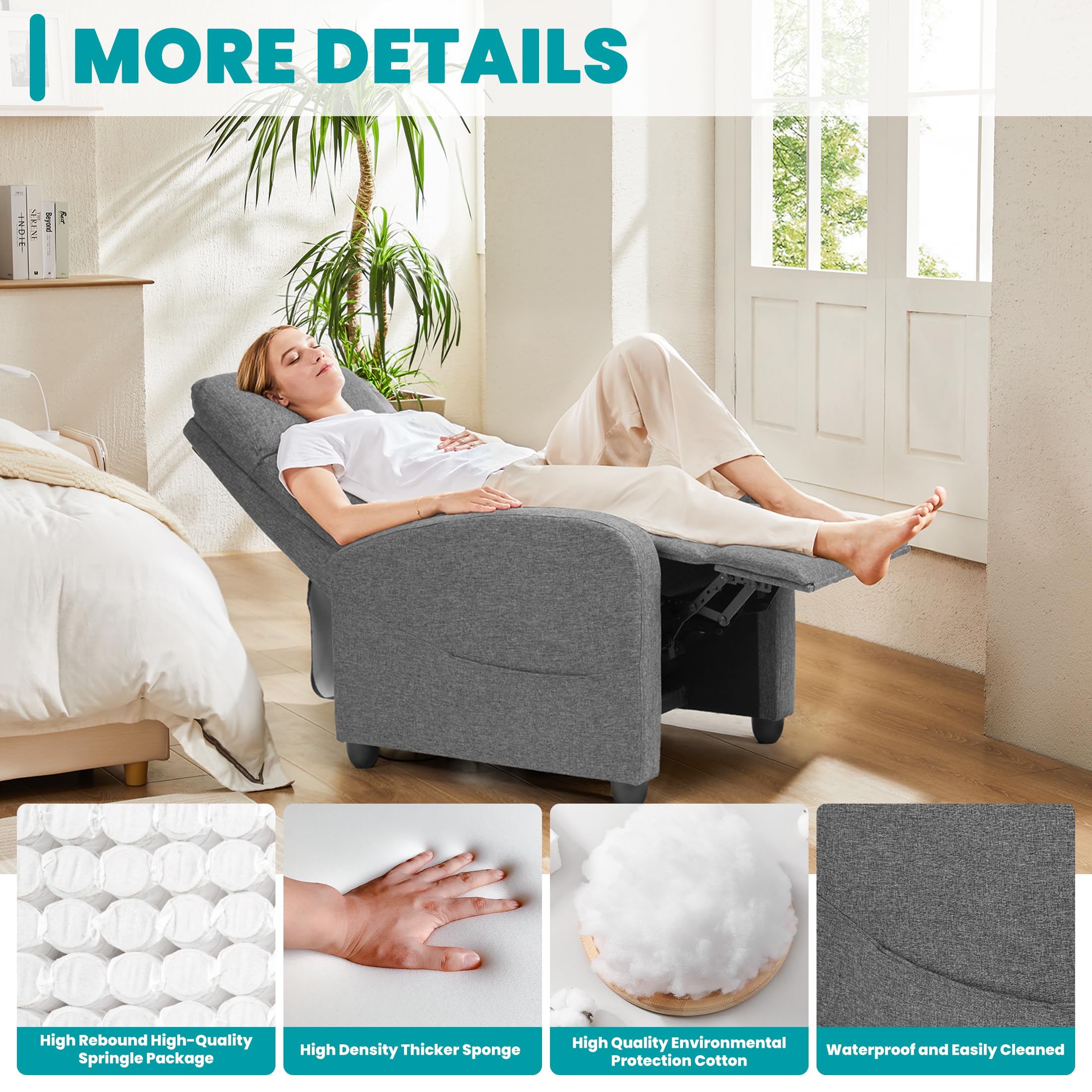 Sweetcrispy Recliner Chair Fabric Recliner Sofa No Massage, Home Theater Seating with Lumbar Support, Adjustable Push Back Overstuffed High-Density Sponge Reclining for Living Room, Grey