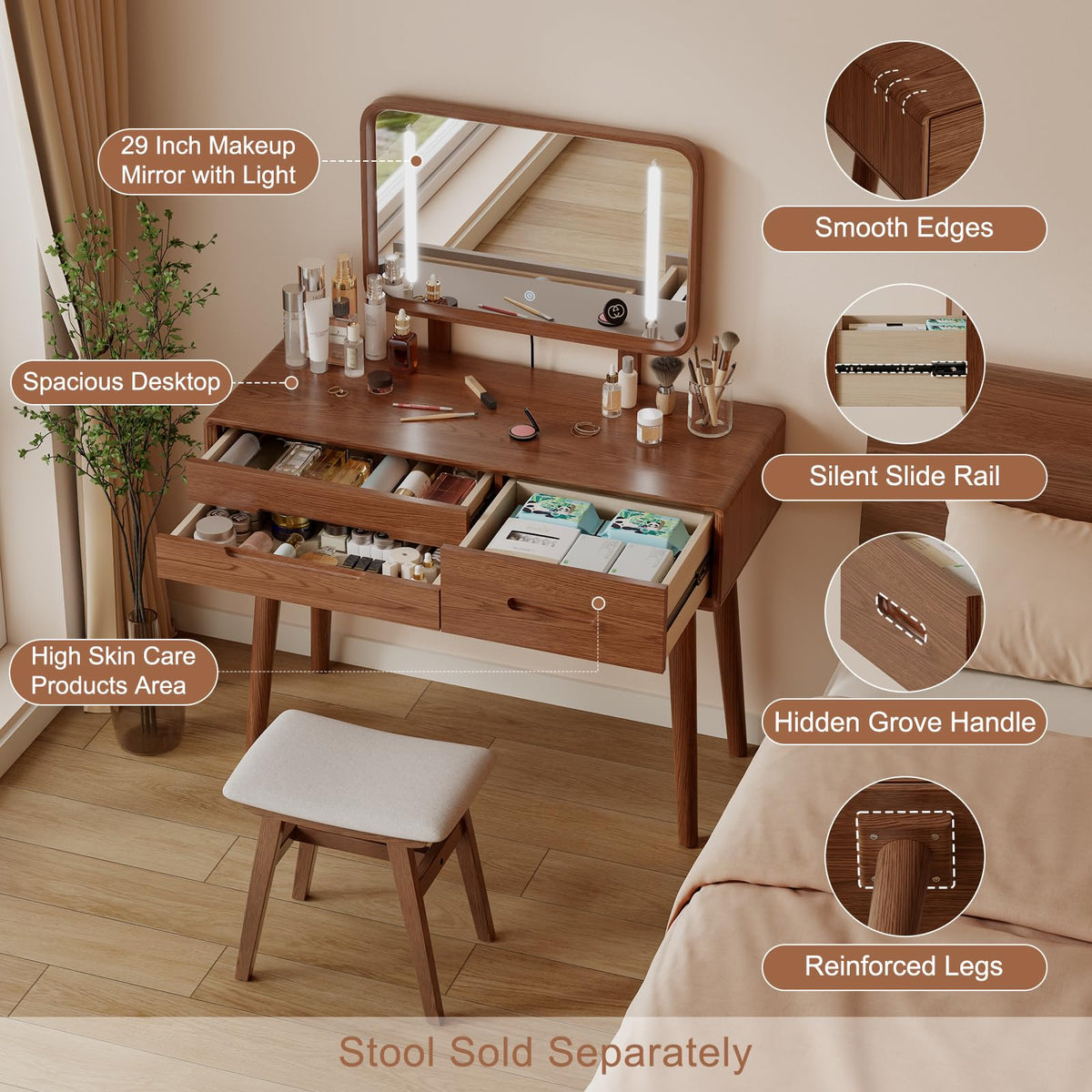 Solid Wood Lighted Makeup Vanity