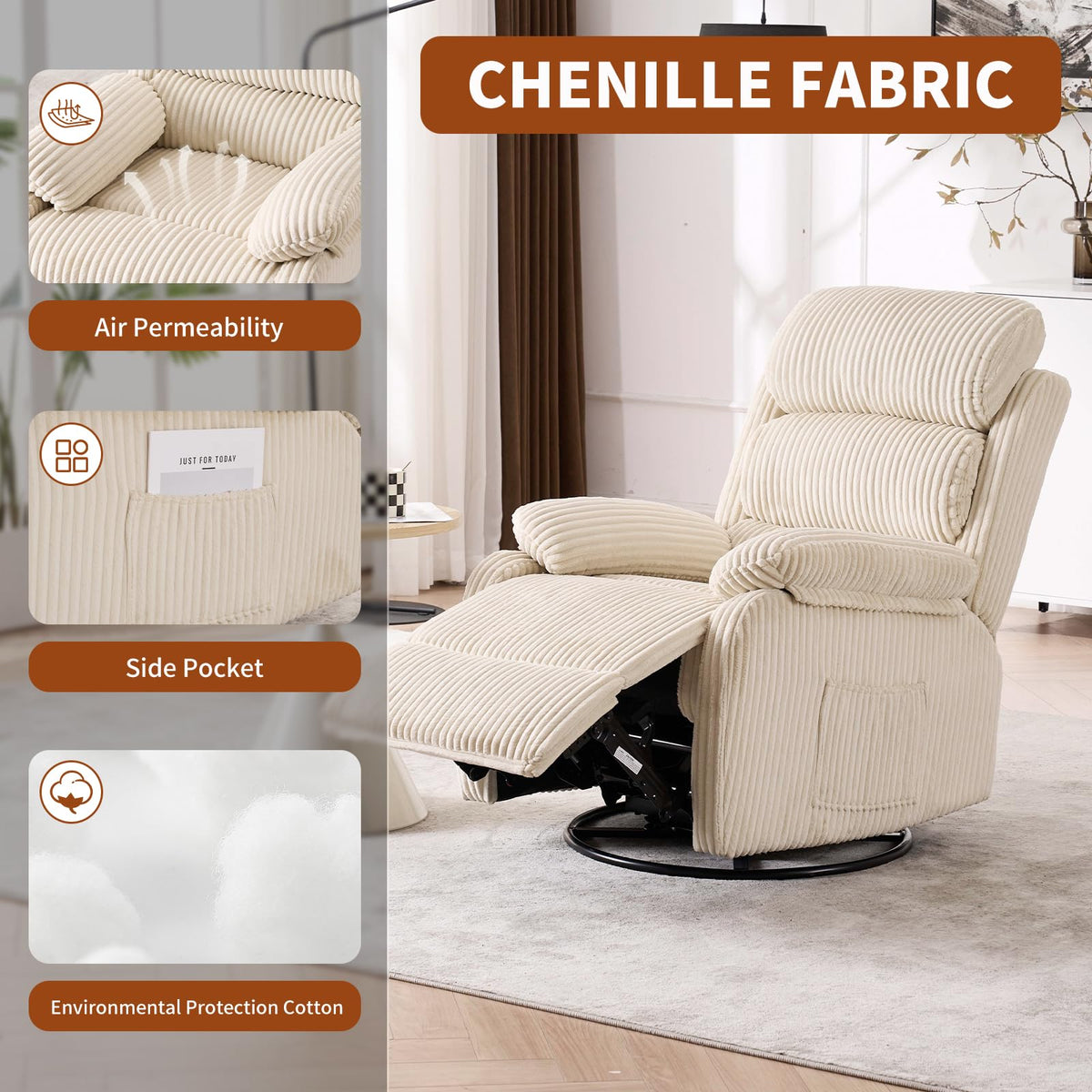 Adult 360° Rocking Recliner Chair，Nursery Rocker Reclining Chair with Side Pocket, a Comfy upholstered Single Sofa Armchair. Suitable for Living Room, Bedroom Nursing use, Velvet Fabric in Beige