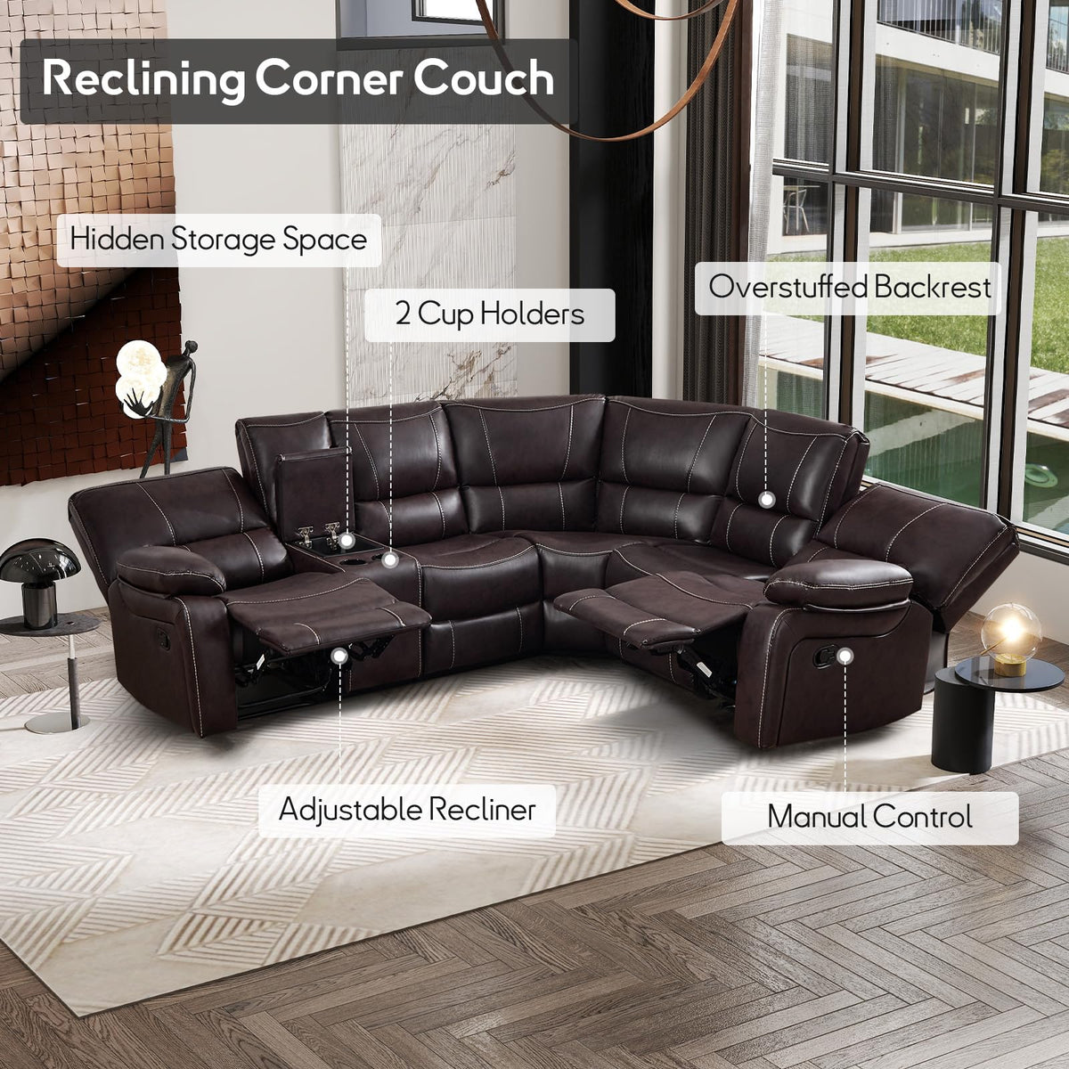 Bonzy Home Manual Recliner Sectional Sofa with Storage Console, Brown