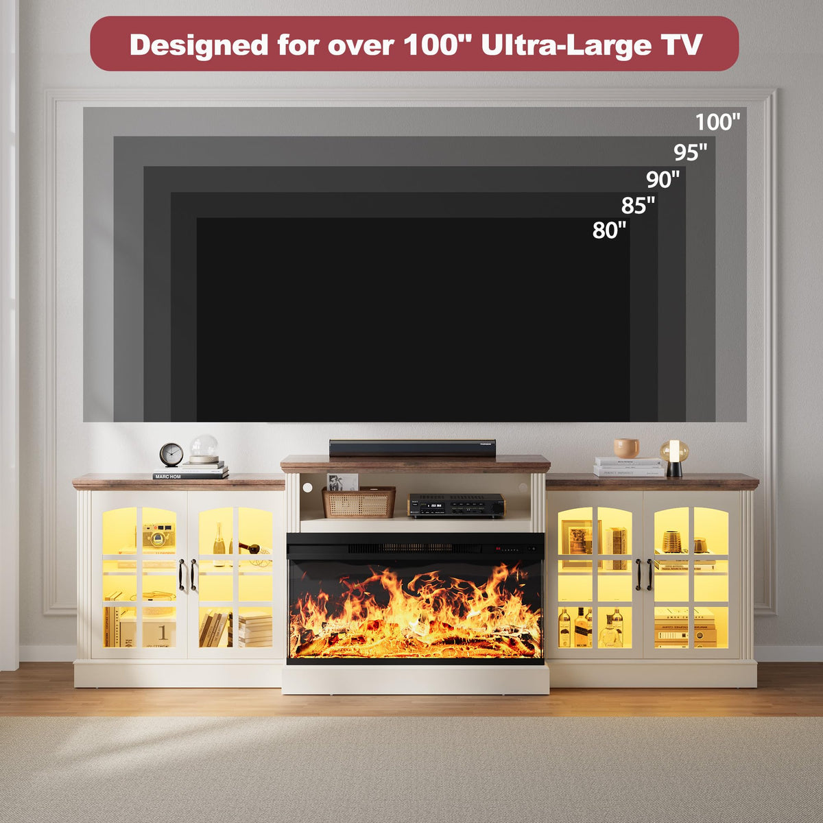 OneBlis 97'' Fireplace TV Stand with 3-Sided Electric Fireplace up to 100" TV, LED Entertainment Center Media Console with 36" Fireplace for Living Room, White/Rustic Oak Top