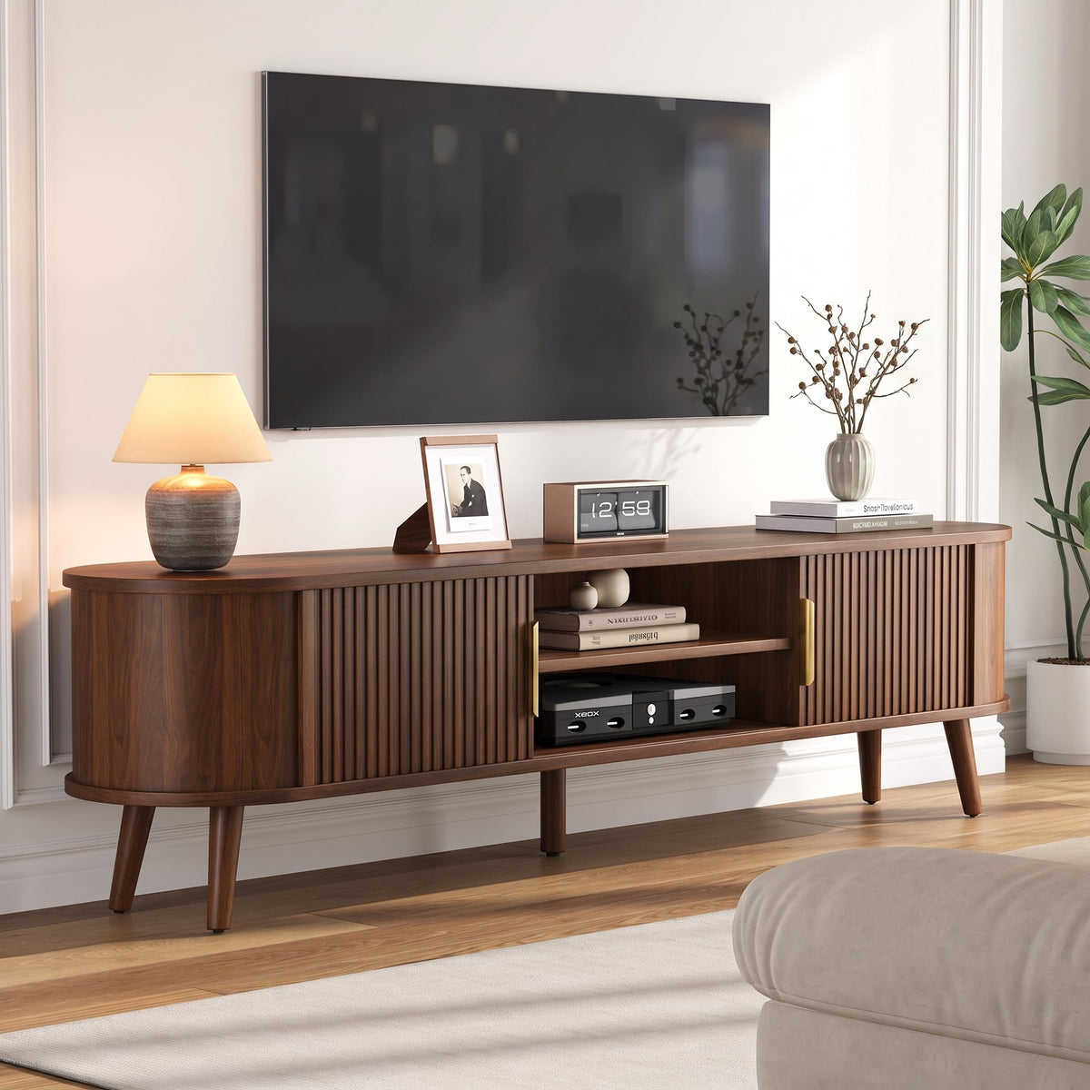 Decofy Mid Century TV Stand for TVs up to 80" with Fluted Sliding Doors, Modern Entertainment Center with Hidden Storage and Adjustable Shelf, Media Console Table for Living Room,Bedroom, Walnut