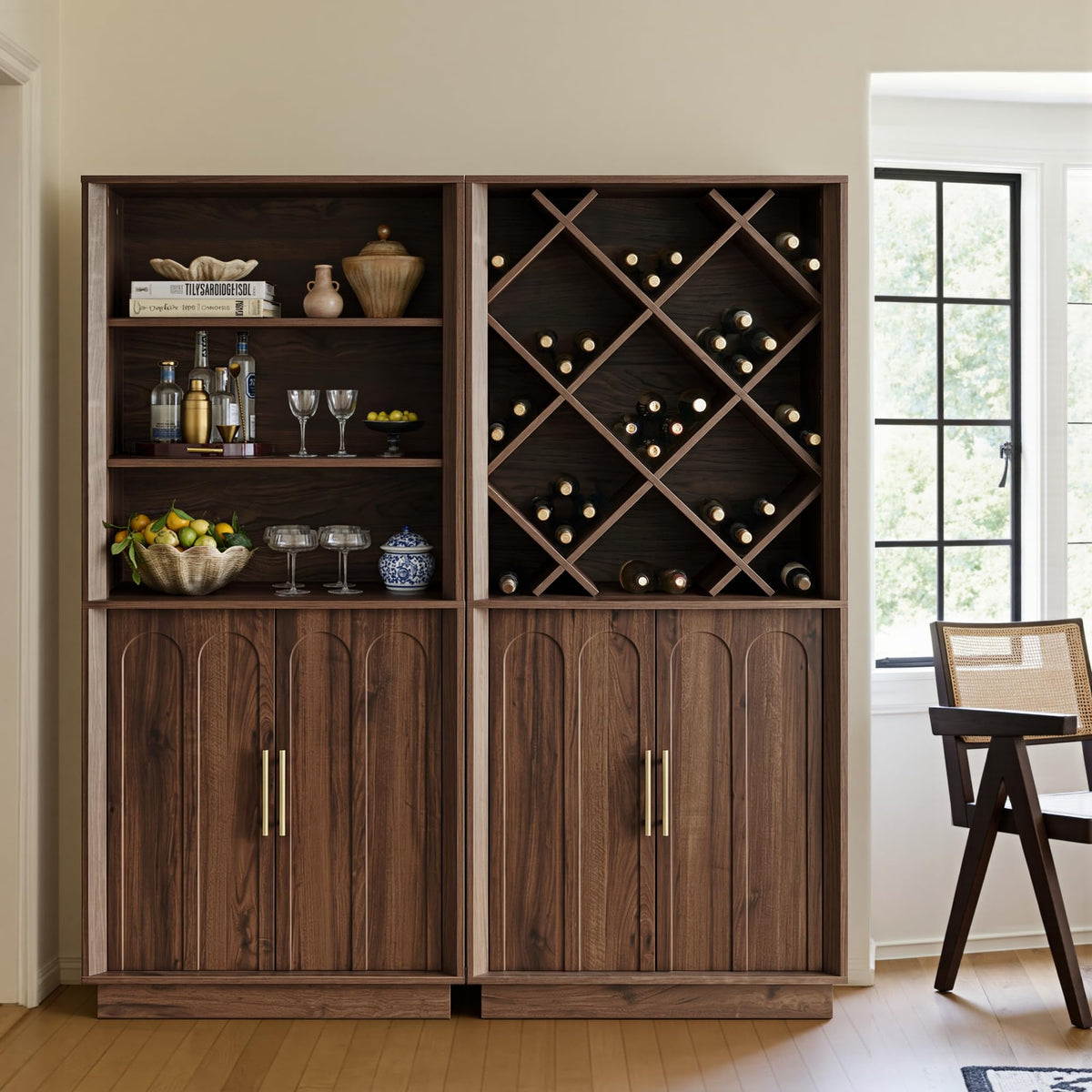 FORTUNETEC 70.87" Tall Liquor Cabinet, Diamond Wine Rack, Walnut